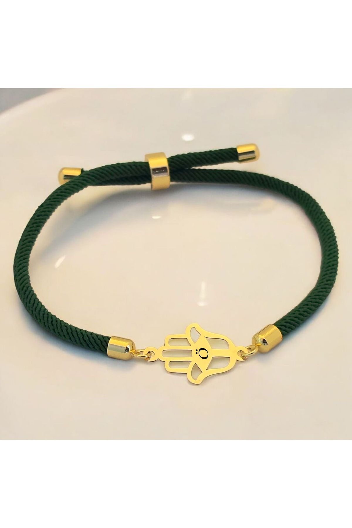 ARCHINO GOLD Ö Harfine Özel Siyah İpek Örgülü Hamsa Figürlü 14 Ayar Altın Plakalı Hediye Bileklik-498harf