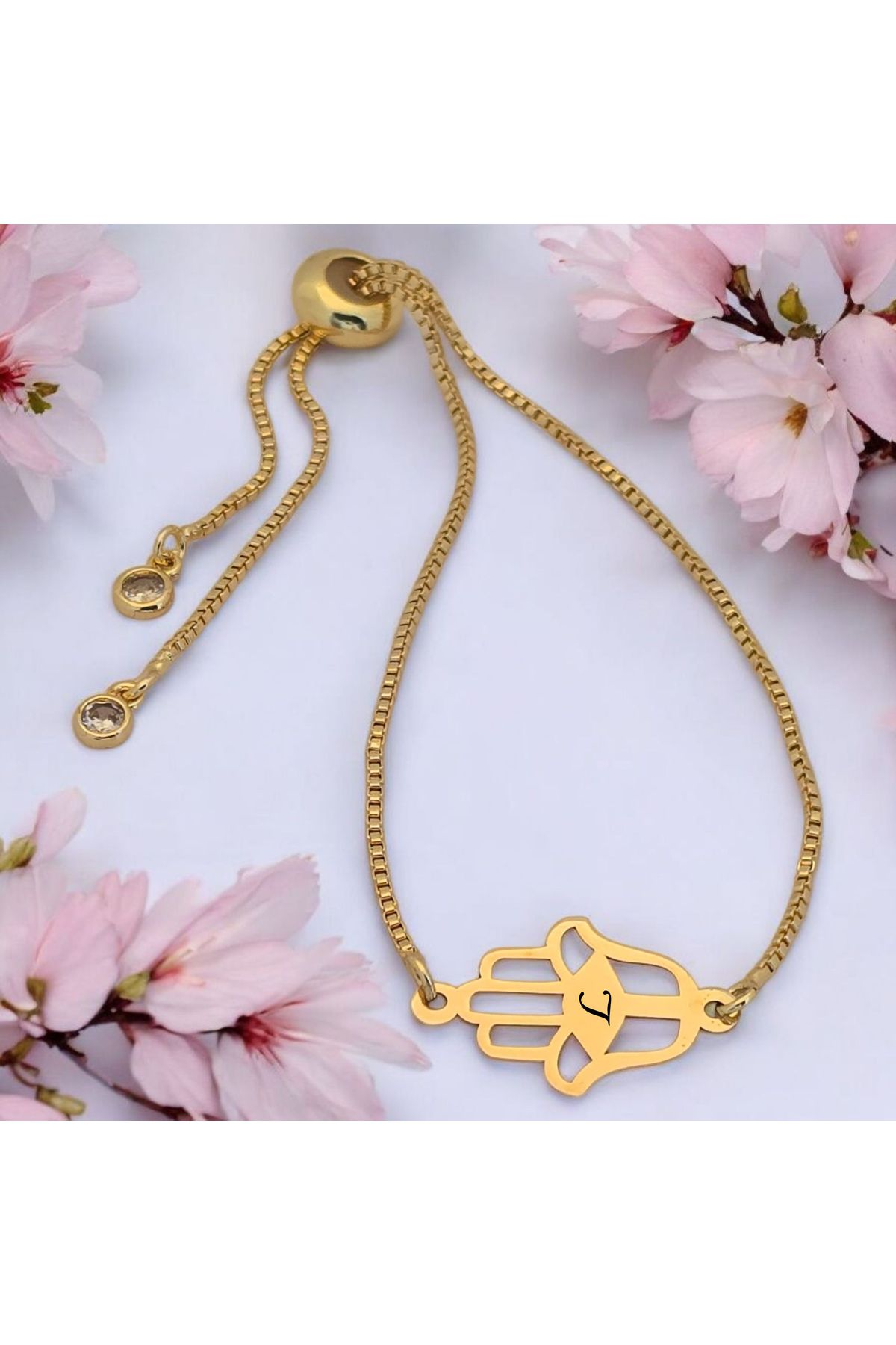 ARCHINO GOLD L Harfine Özel 14 Ayar Altın Plakalı Zincirli Hamsa Motifli Hediye Bileklik-497harf