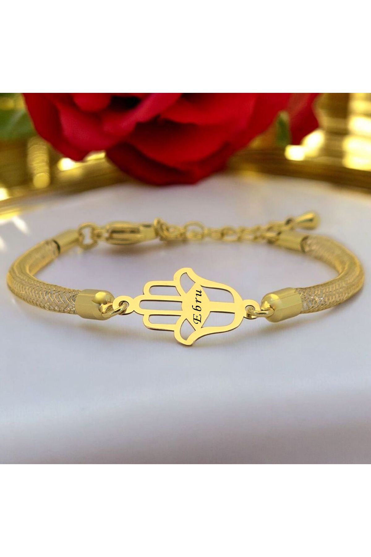 ARCHINO GOLD Ebru İsmine Özel 14 Ayar Altın Plakalı Hasır Kordonlu Hamsa Motifli Hediye Bileklik-499isim