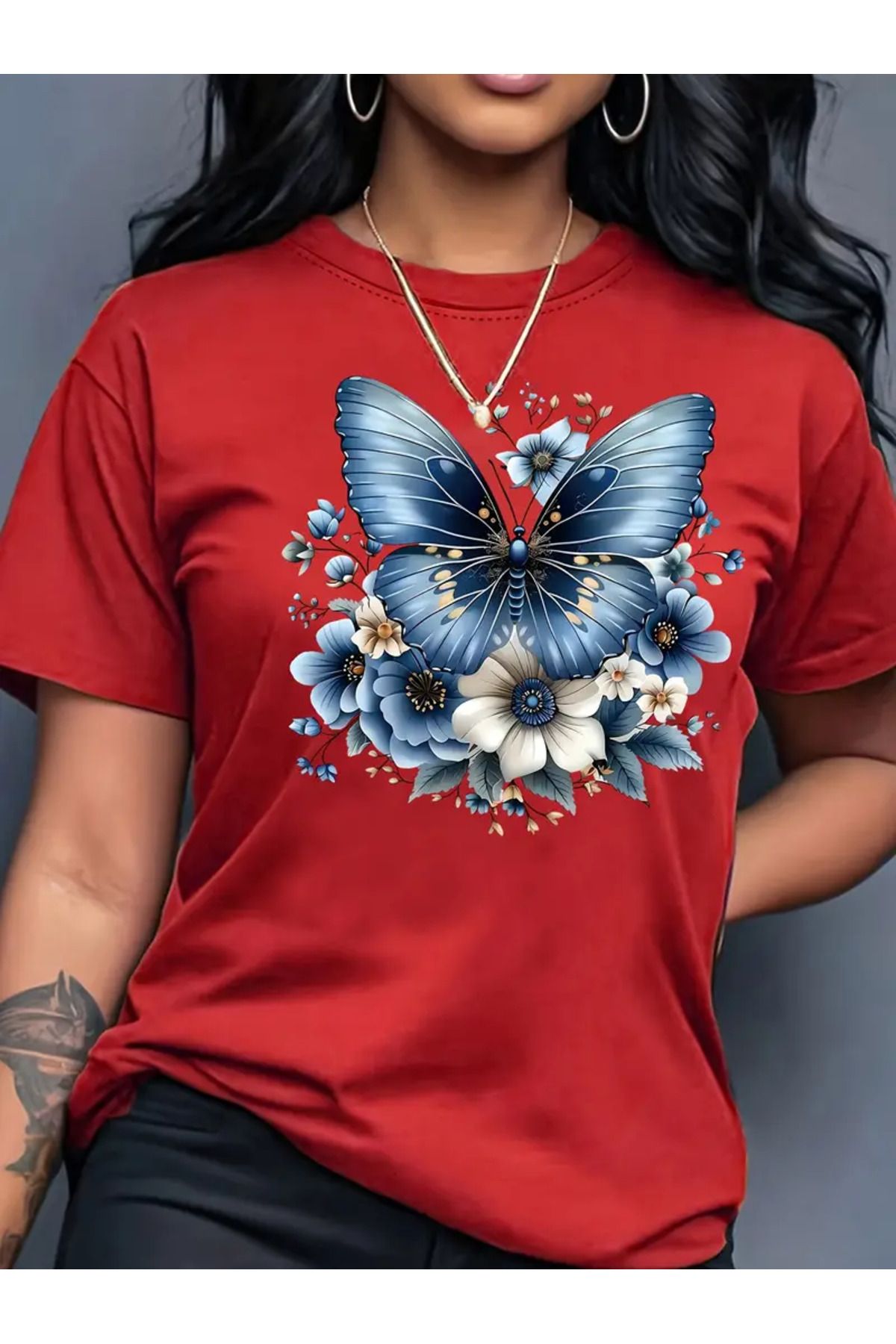 HOFFNUNG T SHIRTBLUR BUTTERFLY AND FLOWERS oversize