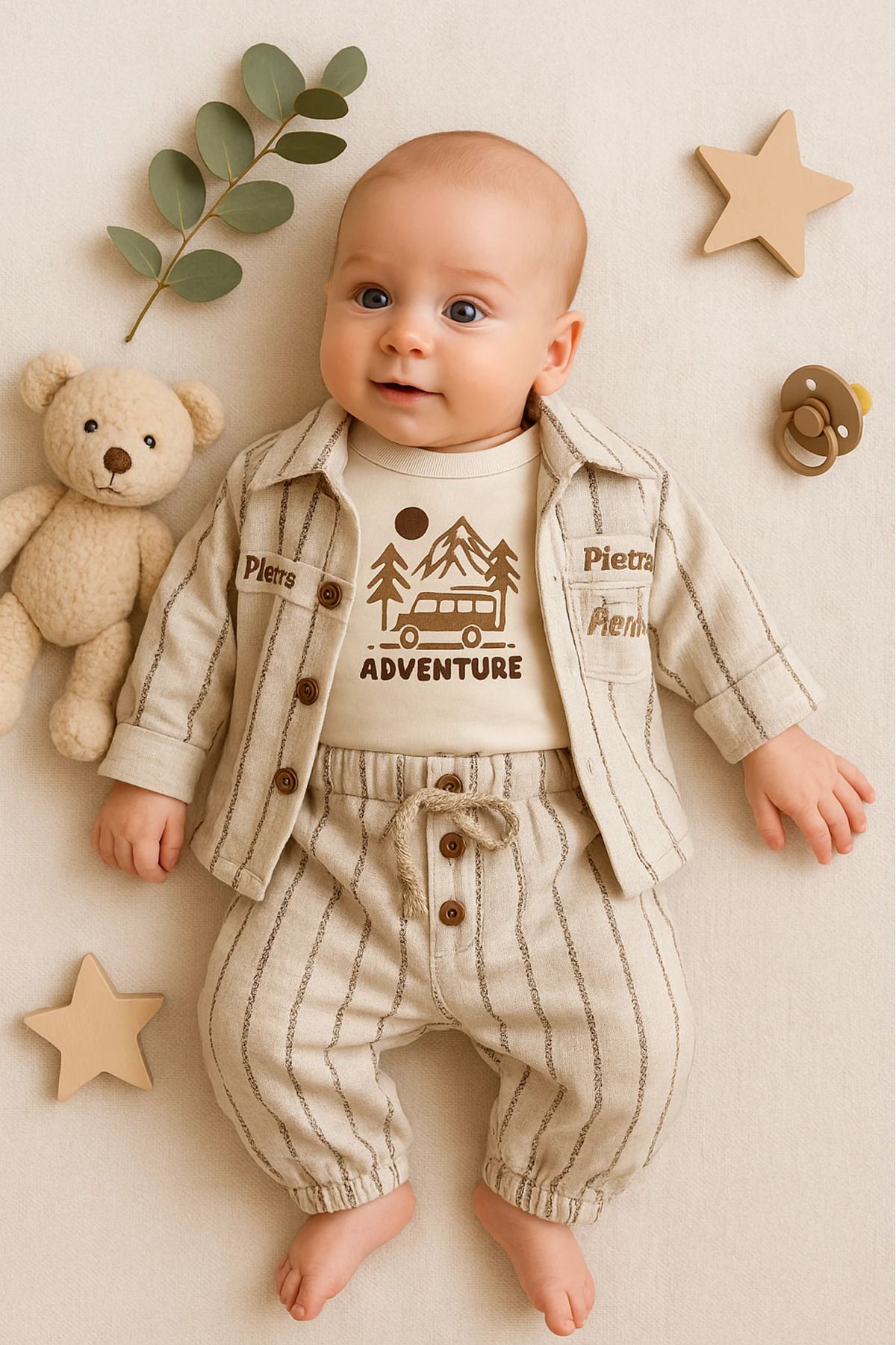 Çıldırıns 2207 Adventure Baskılı Çizgili Gömlekli Pantolonlu Müslin Kumaş 3’lü Bebek Takım