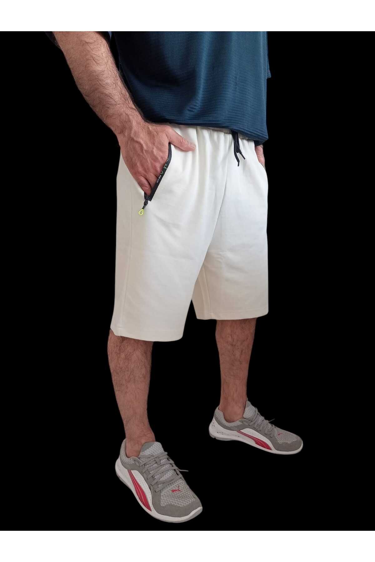 balkonda Bermuda şort pamuklu üç cepli fermuarlı Sportswear krem regular kalıp likralı esnek ŞRT1-3