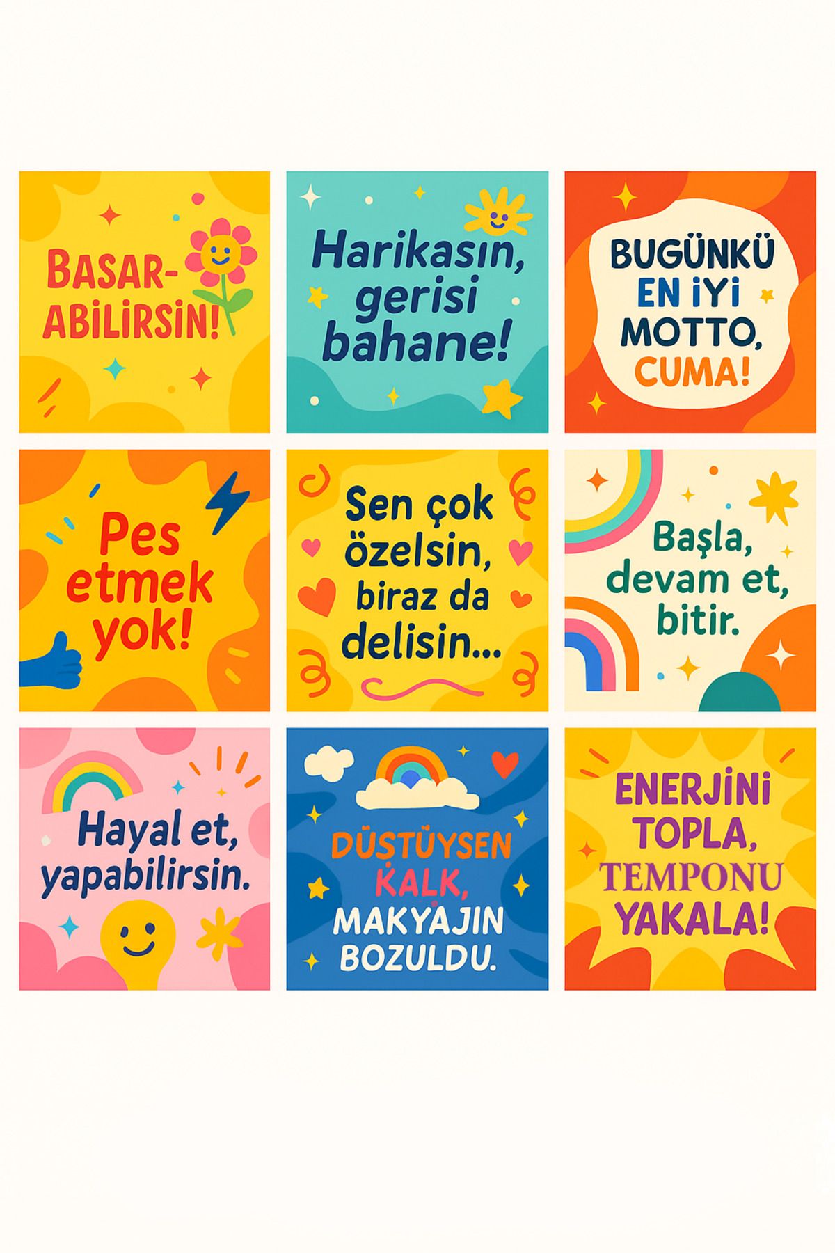 3D HOME Renkli & Esprili 9’lu Motivasyon Pola Kart Seti – 10x10 cm Dekoratif Tasarım
