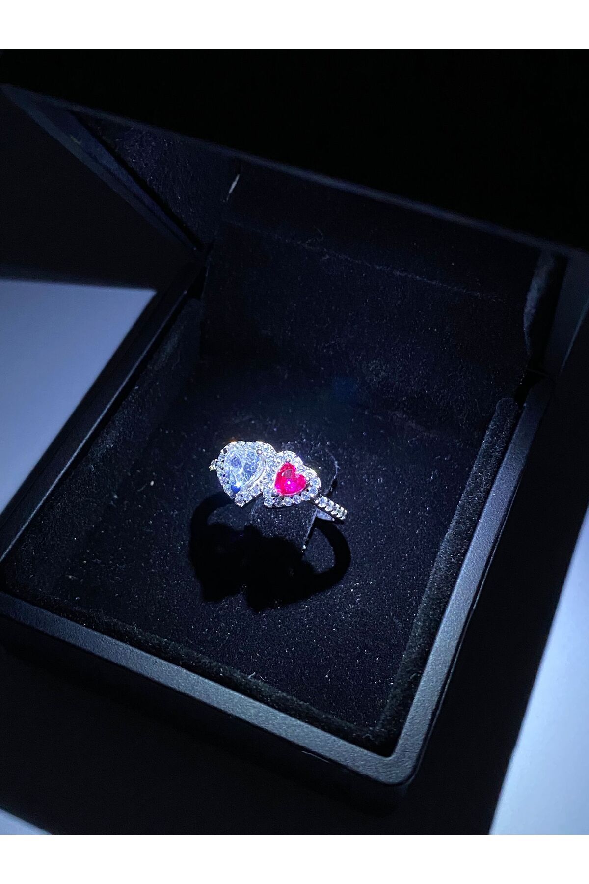 DMR Accessoire ışıklı kutuda 925 ayar gümüş çift kalp yüzük sevgiliye hediyelik