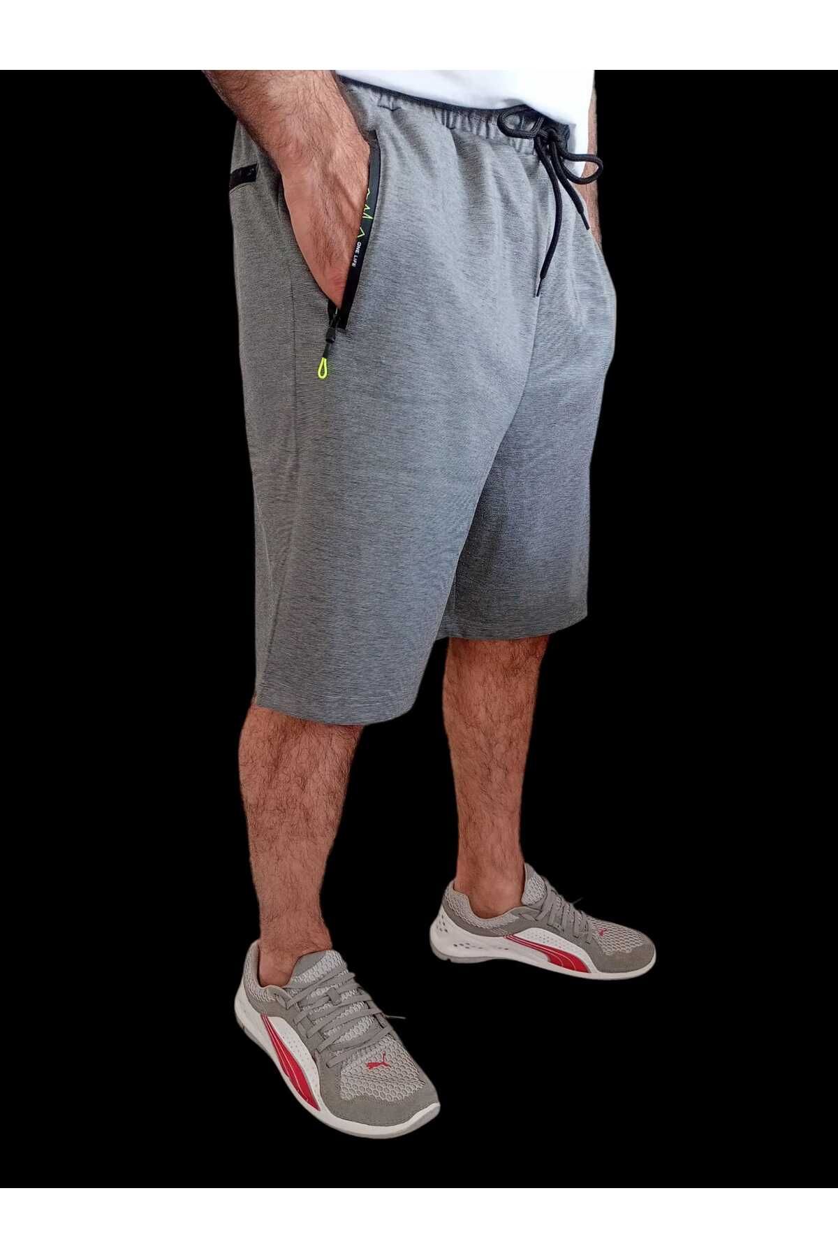 balkonda Bermuda şort pamuklu üç cepli fermuarlı Sportswear gri renk regular kalıp likralı esnek ŞRT1-2