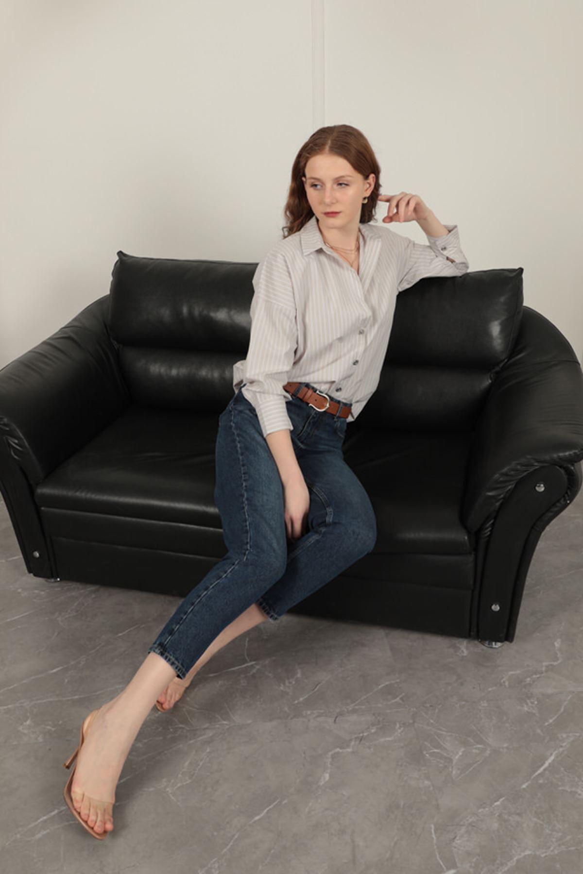 devrialemshoes Poplin Kumaş Kadın Çizgili Gömlek-Taş