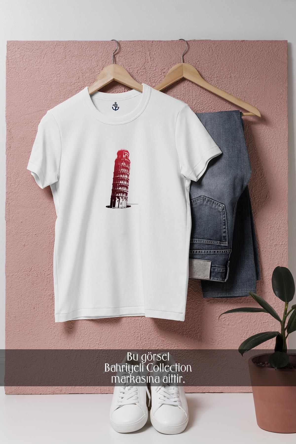 Bahriyeli Collection Oversize Kırmızı Pisa Kulesi Tasarımlı Unisex T-Shirt