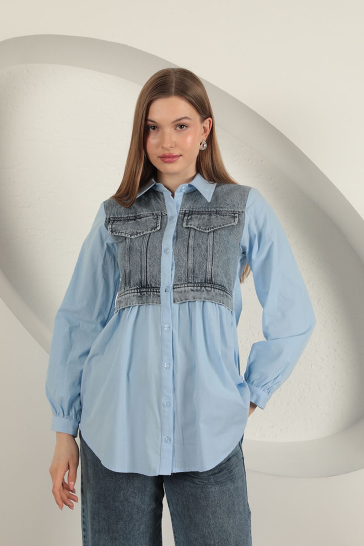 devrialemshoes Poplin Kumaş Kot Garnili Mavi Kadın Gömlek