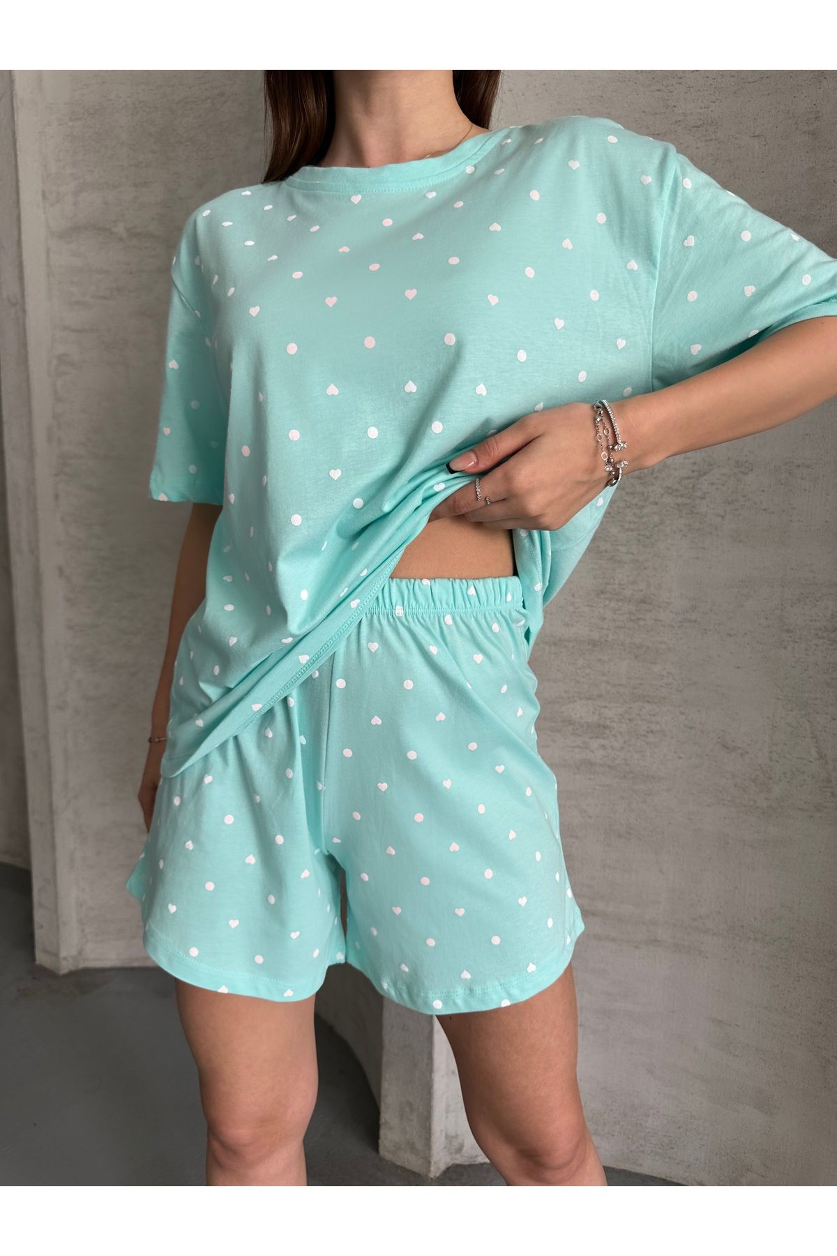 LETS BASIC Organik Pamuklu Puanlı Kalp Baskılı Kısa Kollu Şortlu Pijama Takımı