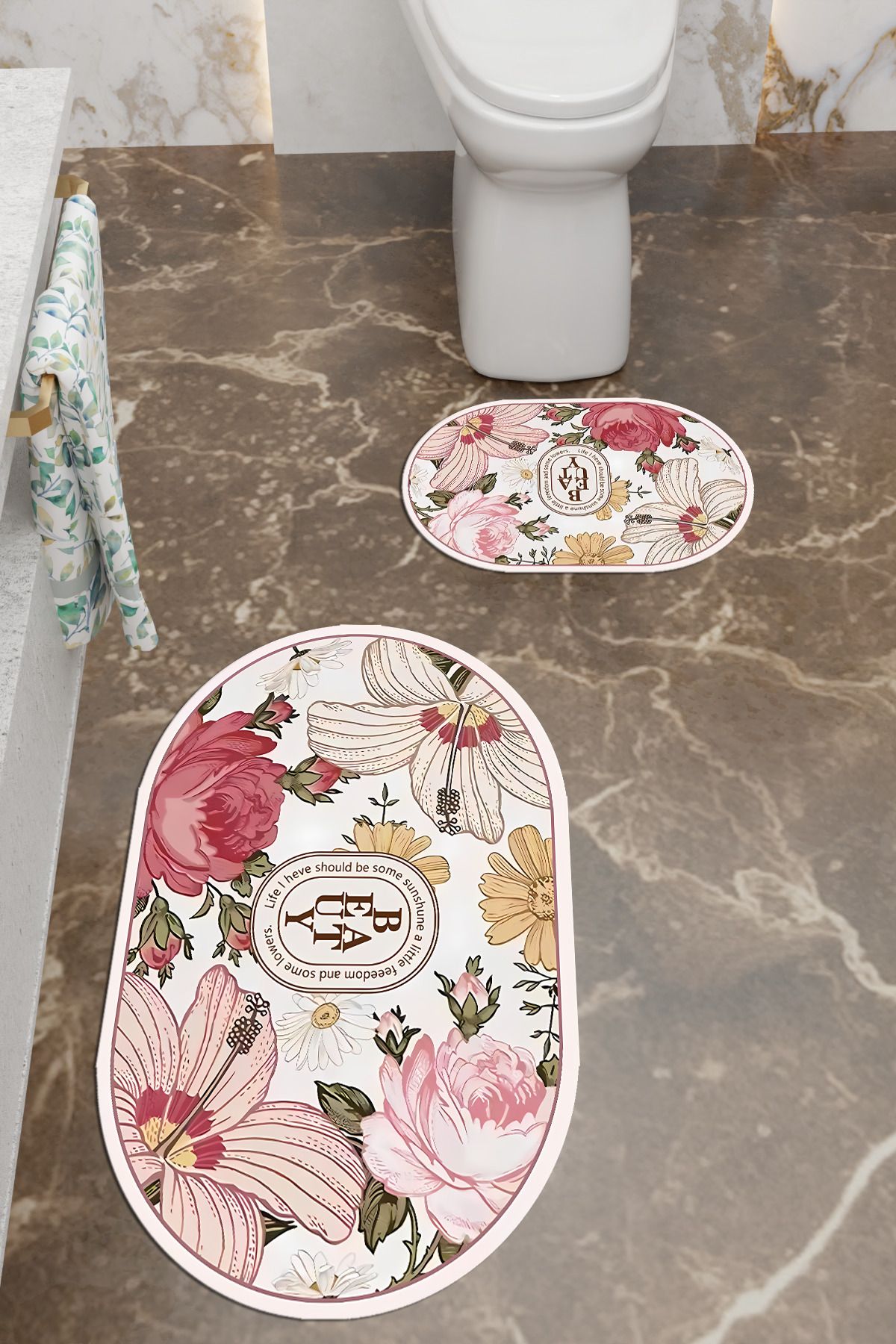 Charmbi Beauty Desenli Eko Banyo Paspası, Kaymaz Taban, Makinada Yıkanabilir, Dijital Baskı 2'li Set