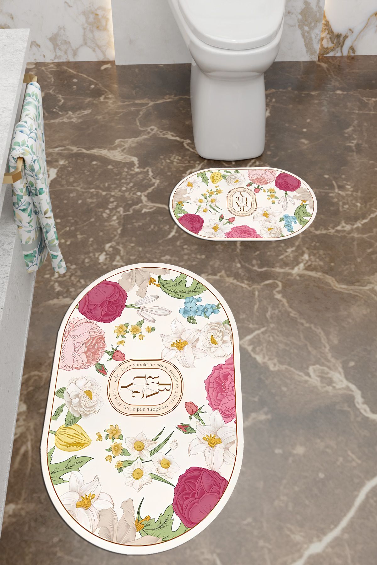 Charmbi Beauty Desenli Eko Banyo Paspası, Kaymaz Taban, Makinada Yıkanabilir, Dijital Baskı 2'li Set
