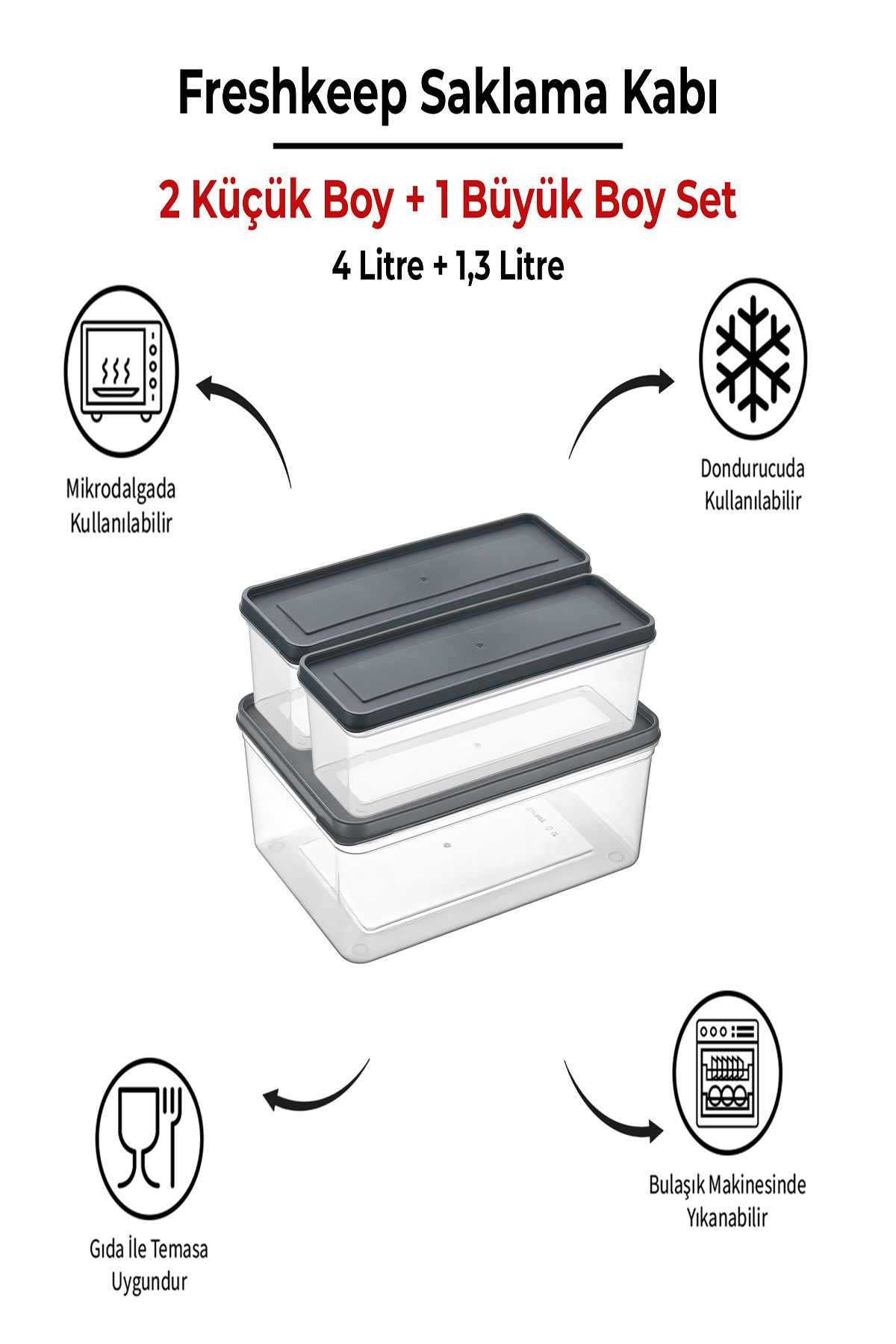 bizimevde 3 Adet Saklama Kabı (1 Büyük-2 Orta Boy) 4 Litre + 1,3 Litre Derin Dondurucu Mikrodalga Uyumlu