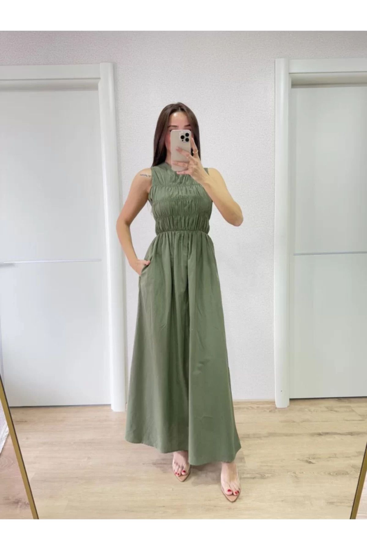 ruum fashions Kolsuz Göğüs Lastıklı %100 Poplin Uzun Elbise