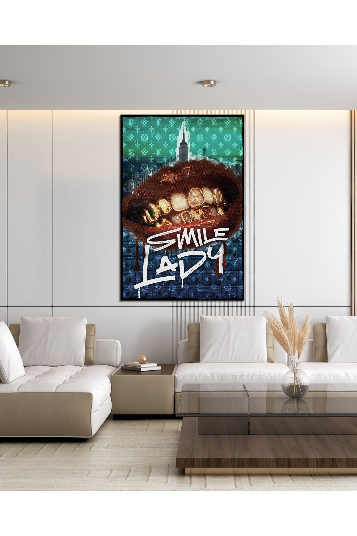 Yzc Store Smile Lady Kanvas Poster - New York & Para Temalı Dudak Tablosu