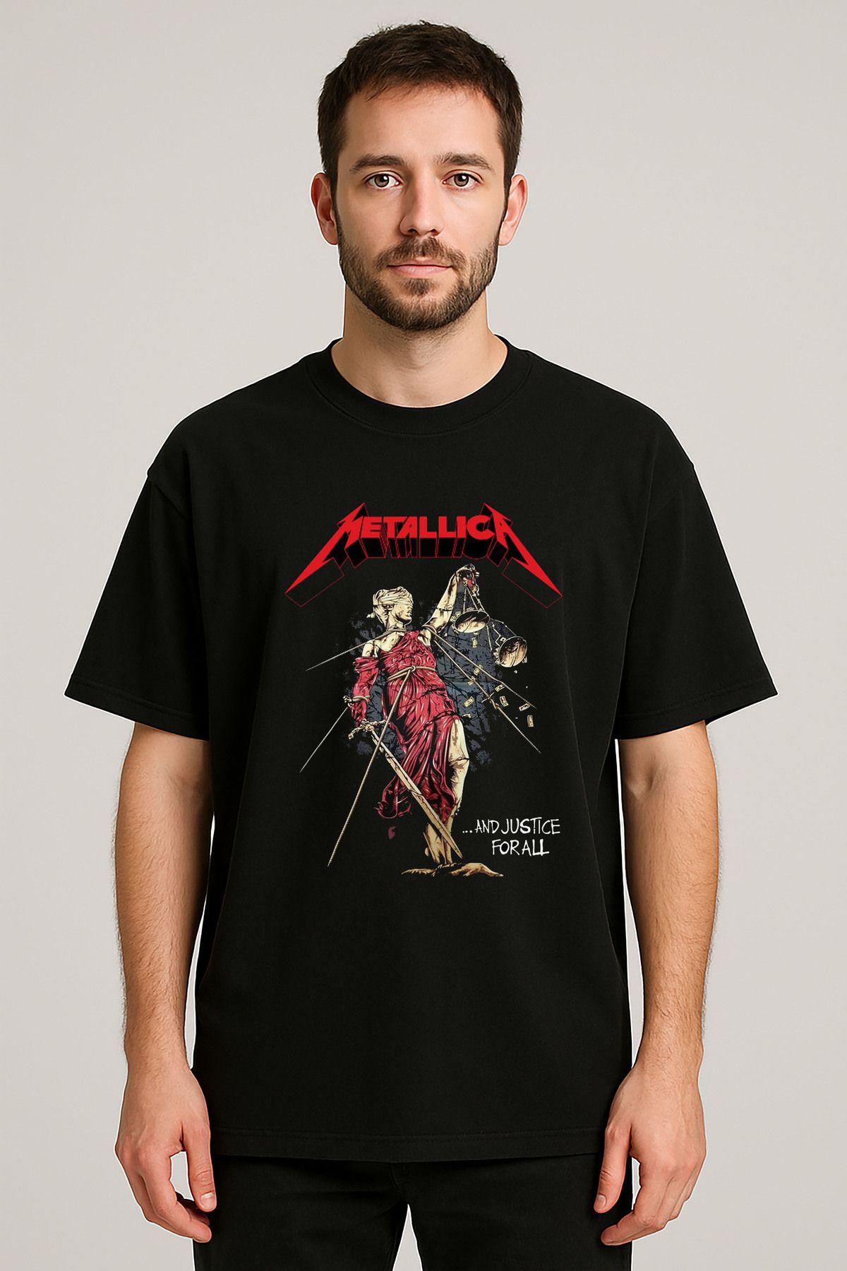 sielta Metallica Müzik Grubu Baskılı Bisiklet Yaka Oversize Siyah Tişört Thsirt