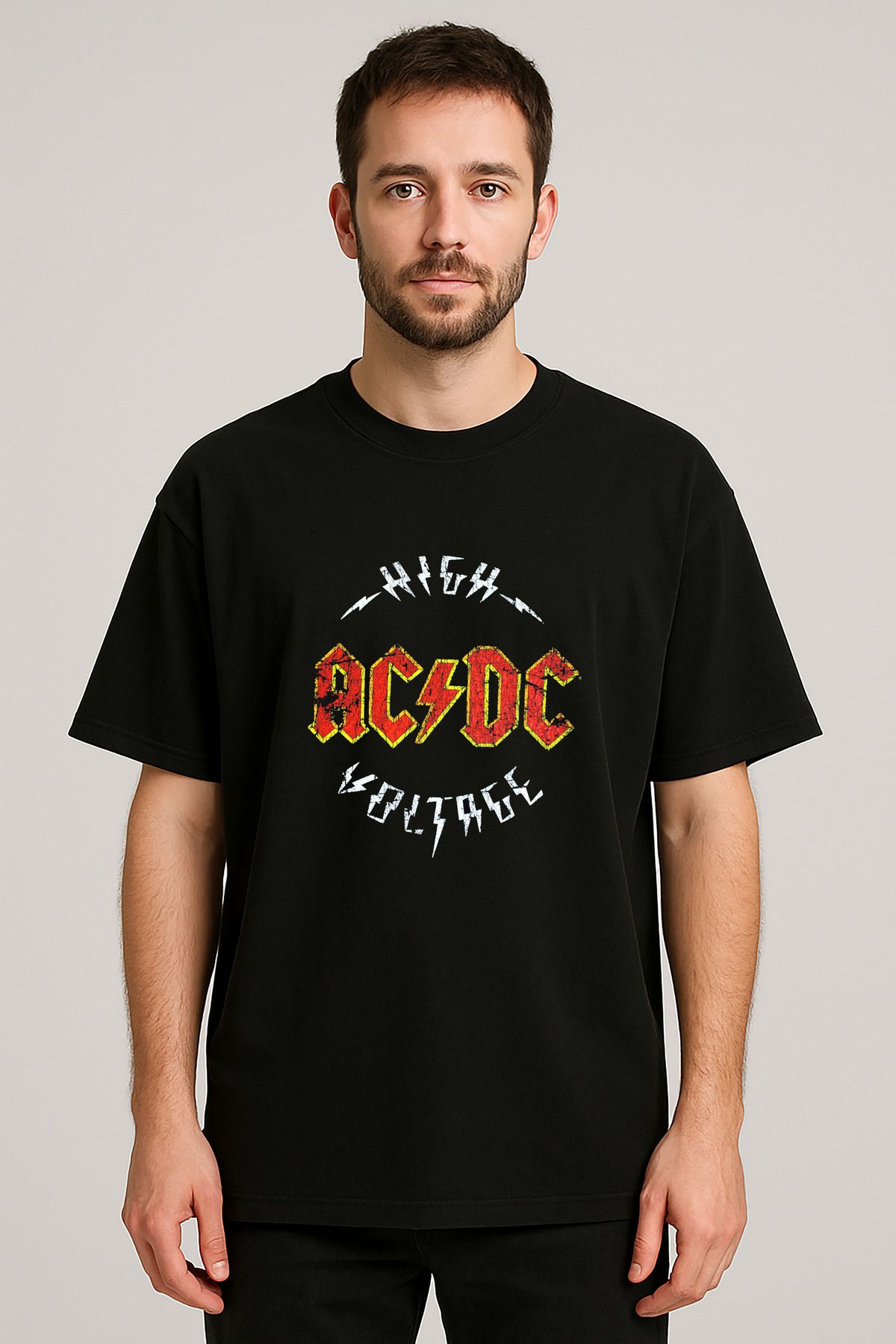 sielta Ac Dc Müzik Grubu Baskılı Bisiklet Yaka Oversize Siyah Tişört T-shirt