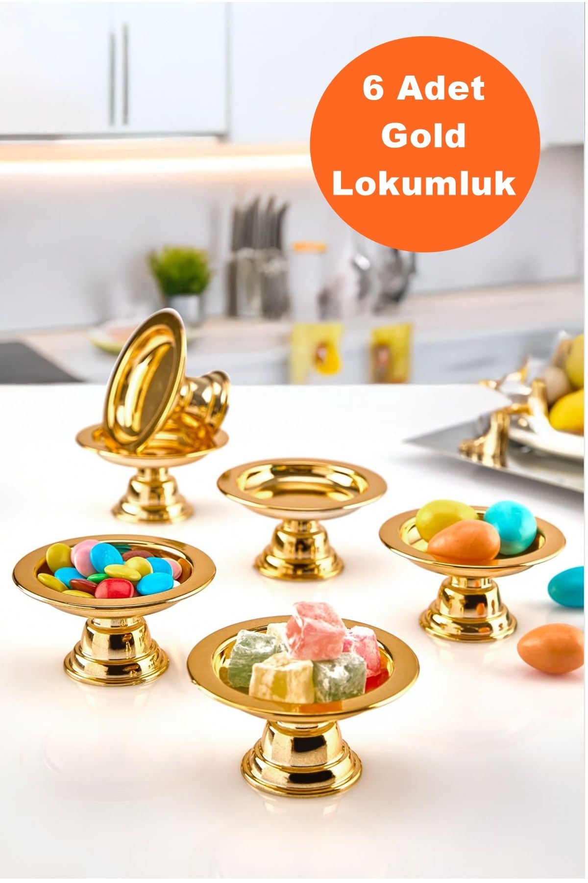 İndirimKap 6'lı Akrilik Dekoratif Gold Kahve Yanı Sunumluk Lokumluk Şekerlik 6'lı Makaronluk