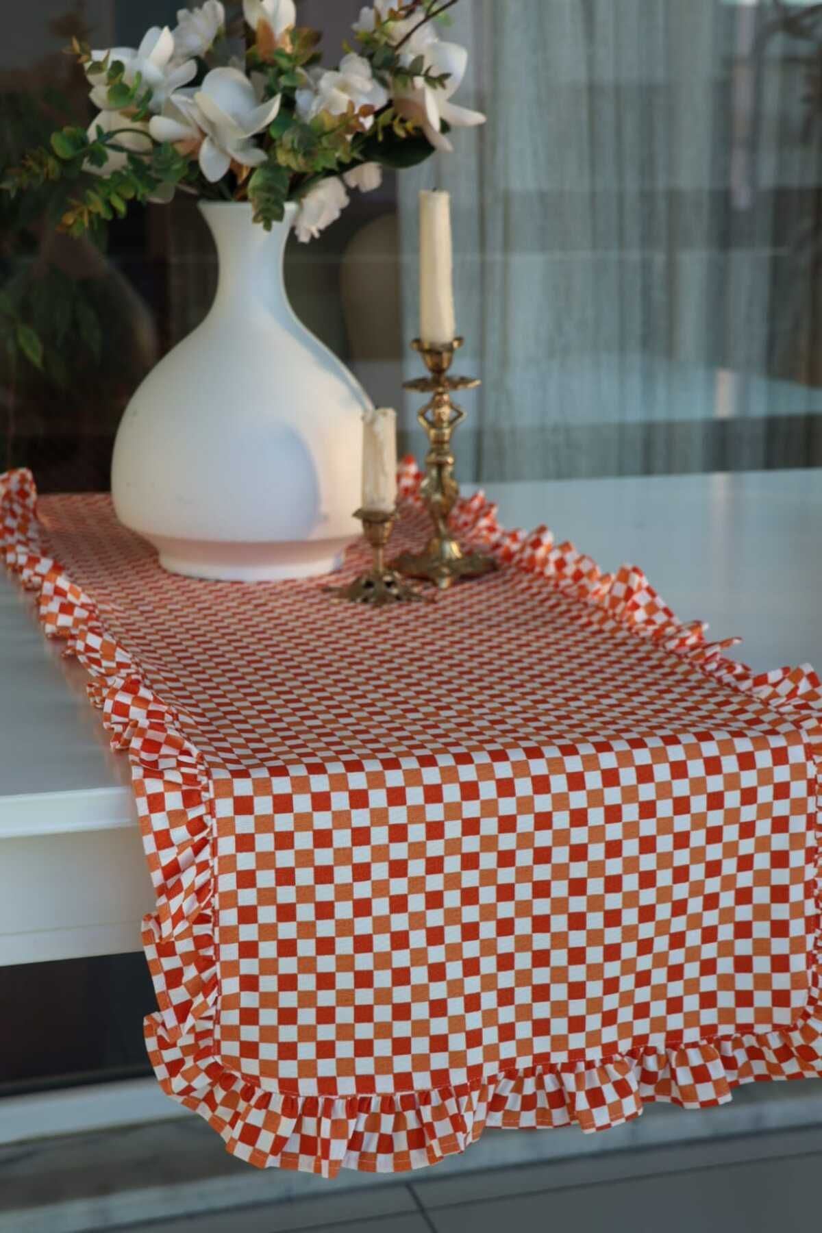 vintagetasarım runner fırfırlı dama desenli turuncu duck keten 40x130cm