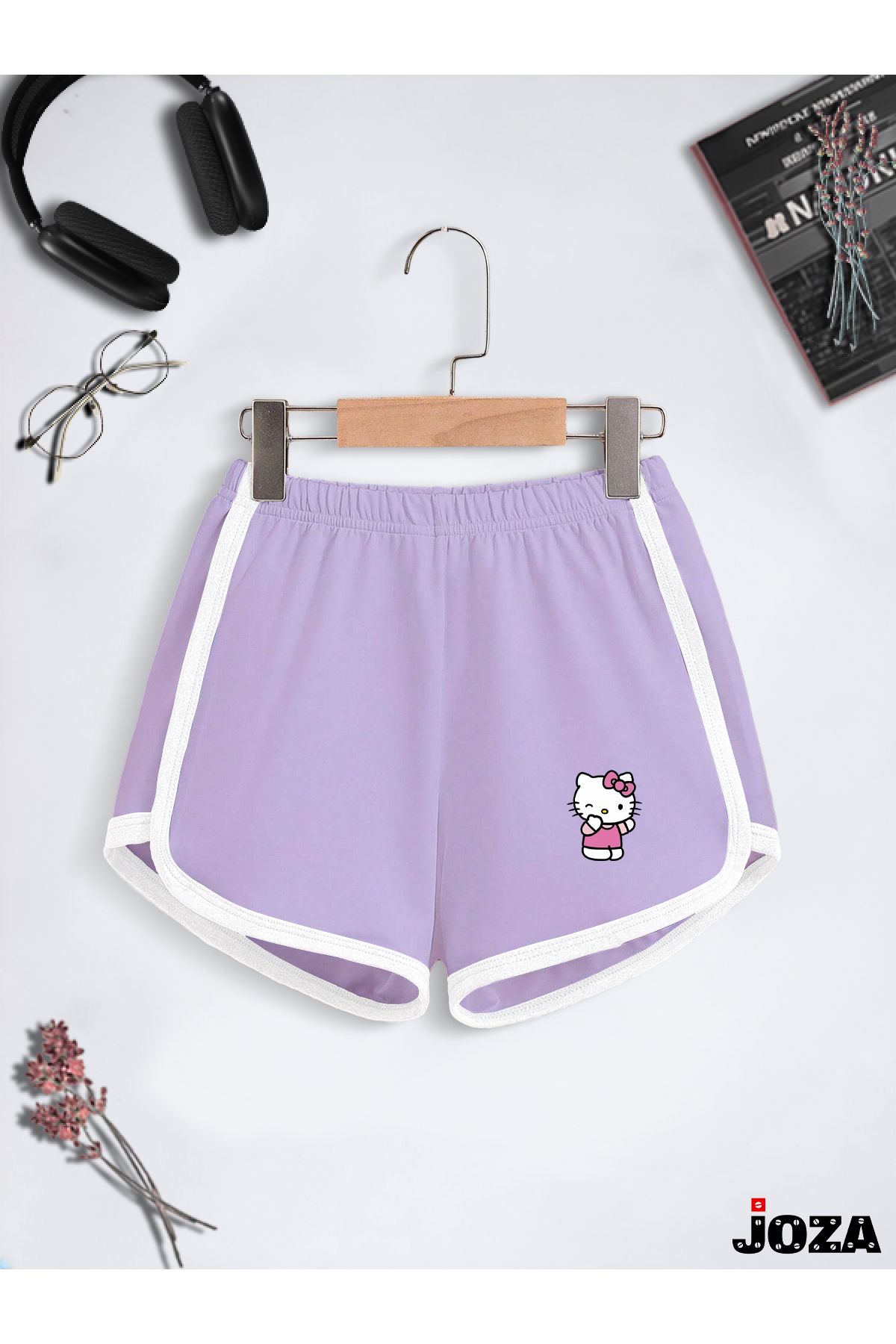 Jobia Outdoors Kadın Slim Fit Renkli Hello Kitty Baskılı Tekli Biyeli Penye Mini Şort (Dar Kalıp )
