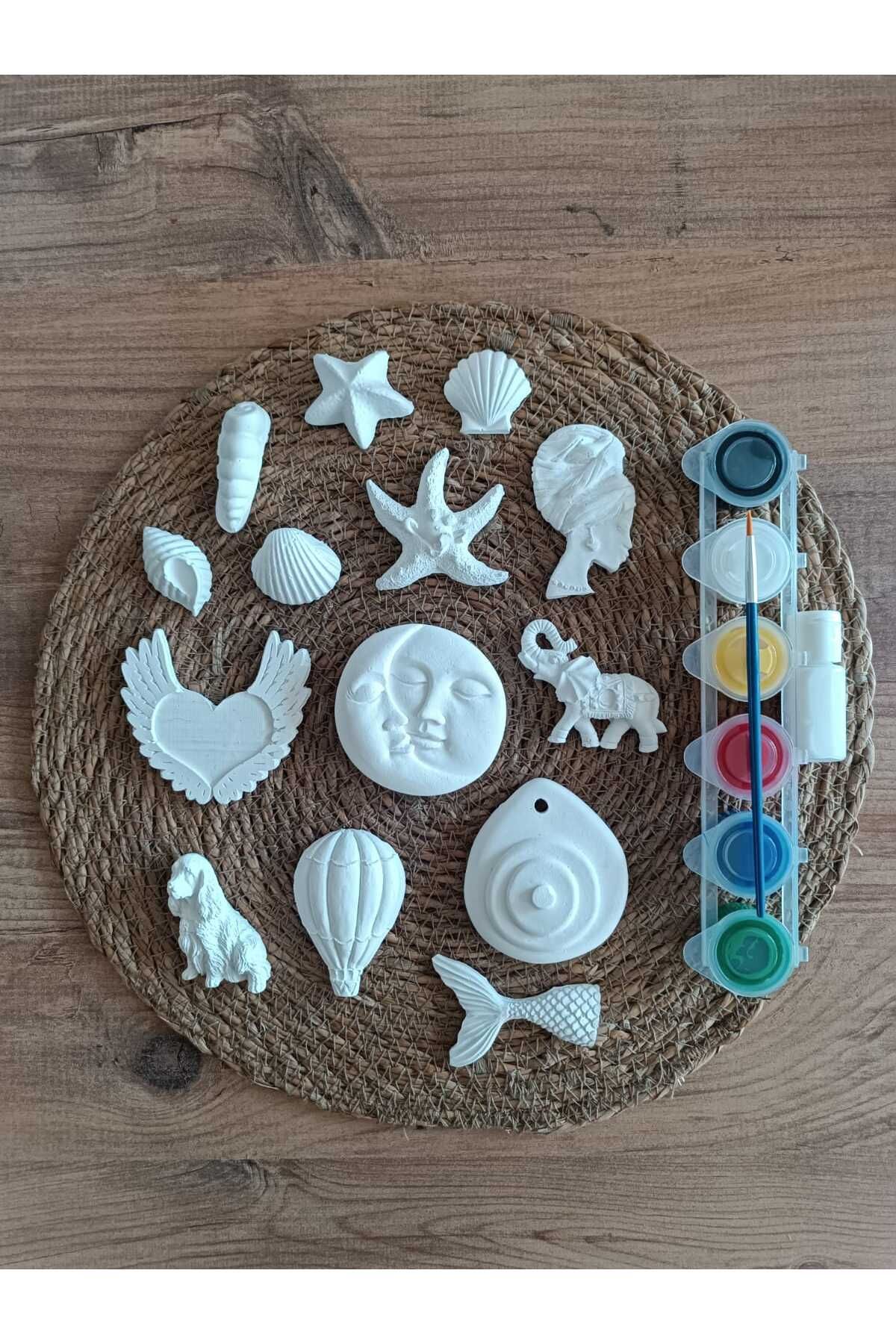 OgiPaint 14Adet (3D) Taş Magnet Boyama Karışık Figür. Özel Boyanabilir Silindir Kutu Kumbara ile Birlikte