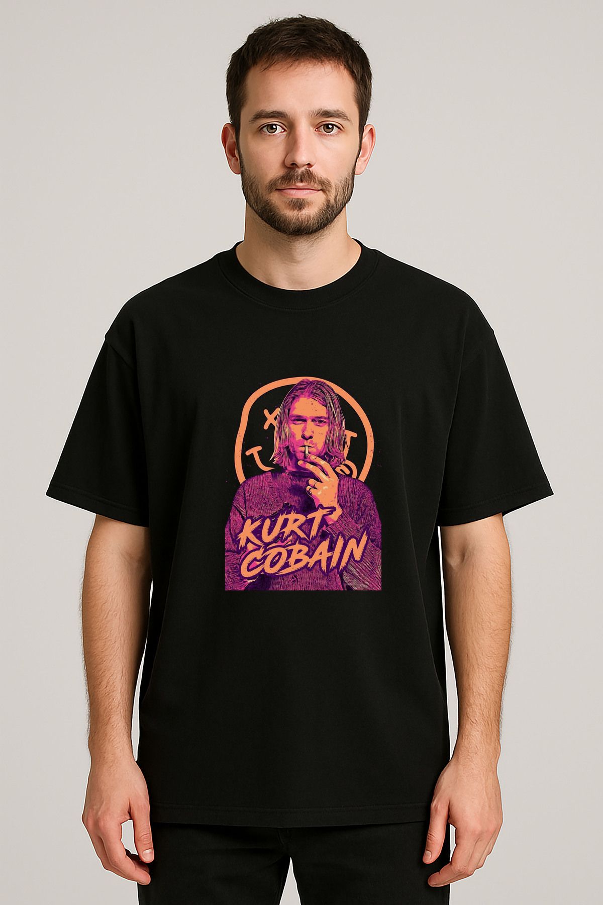 sielta Nirvana Kurt Cobain Baskılı Bisiklet Yaka Oversize Siyah Tişört Thsirt
