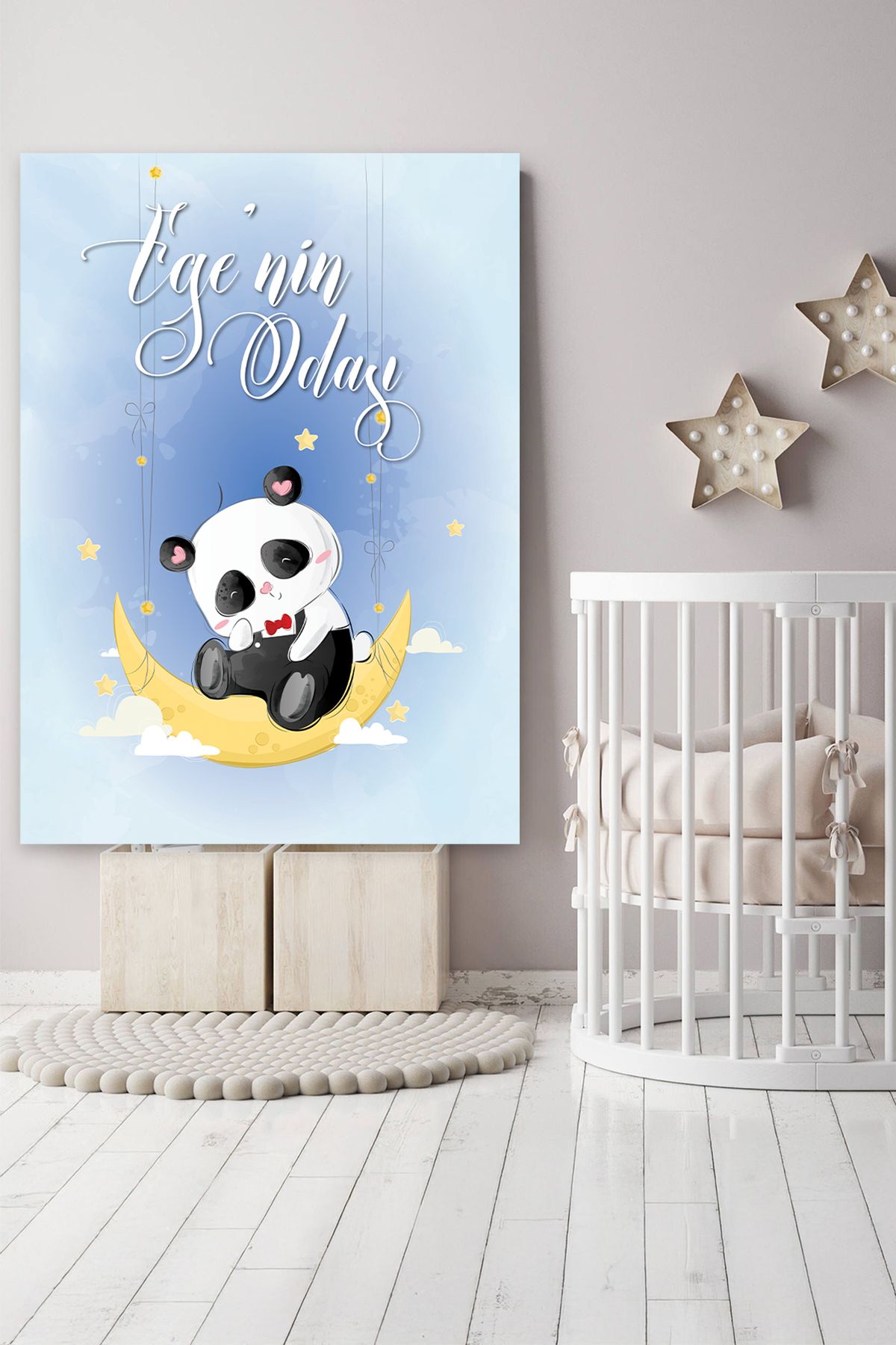 Binbir Güzel An Sevimli Panda ve Ay Dekorlu Bebek Odası Panosu