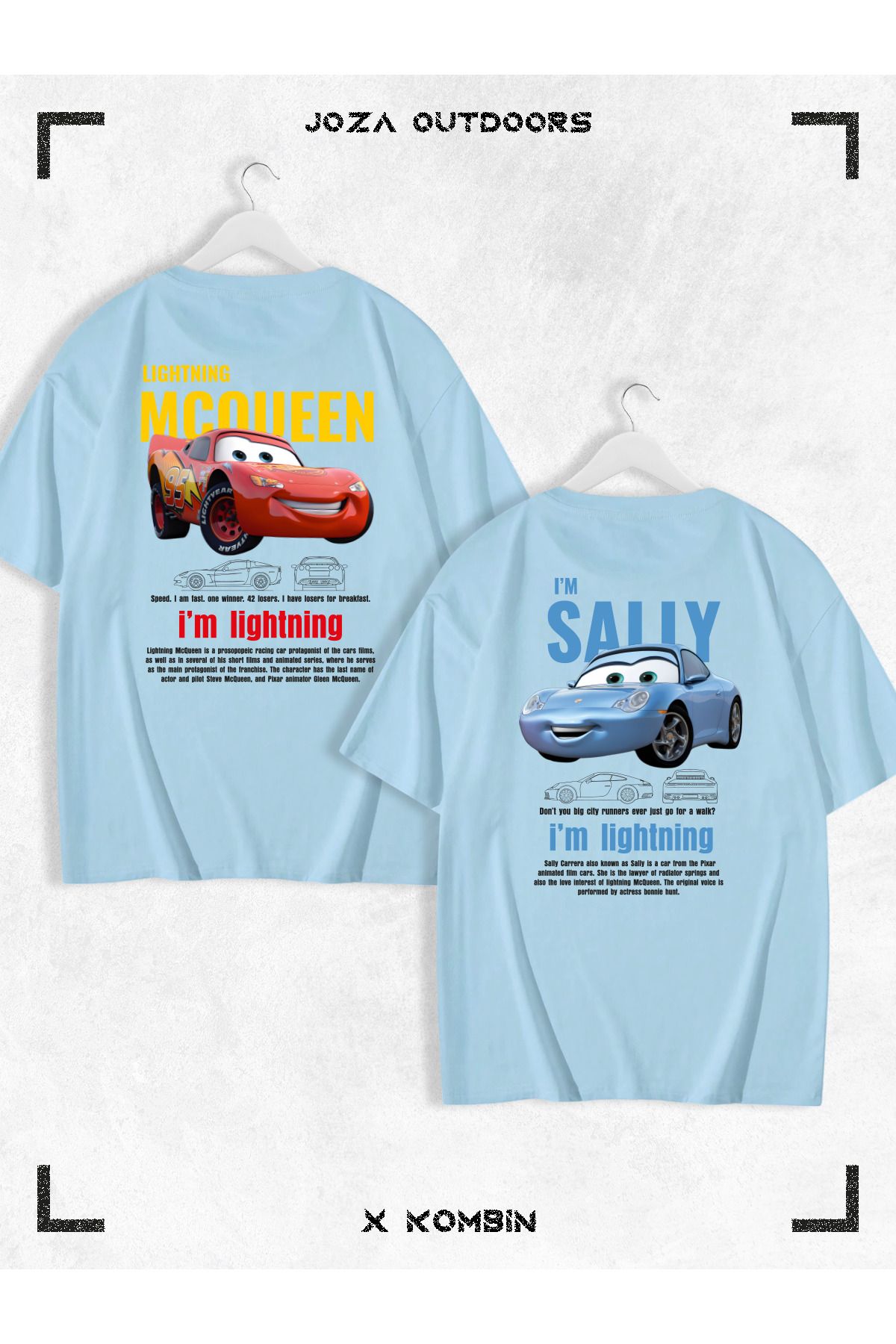 Jobia Outdoors Kadın Erkek Unisex Sally & Mcqueen Cars SIRT Sevgili Çift Kombini Oversize Renkli Tshirt 2'li Takım