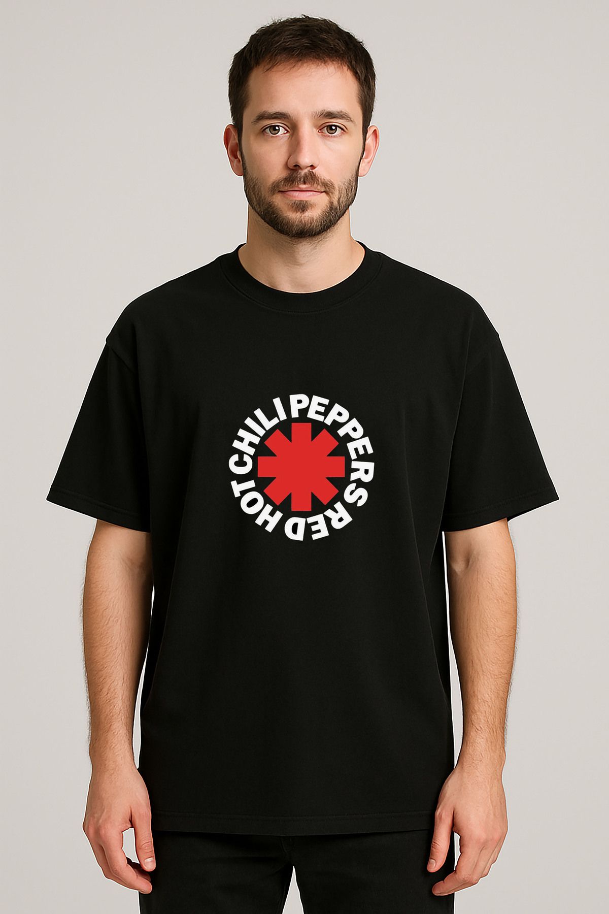 sielta Red Hot Chili Peppers Müzik Grubu Baskılı Bisiklet Yaka Oversize Siyah Tişört T-shirt