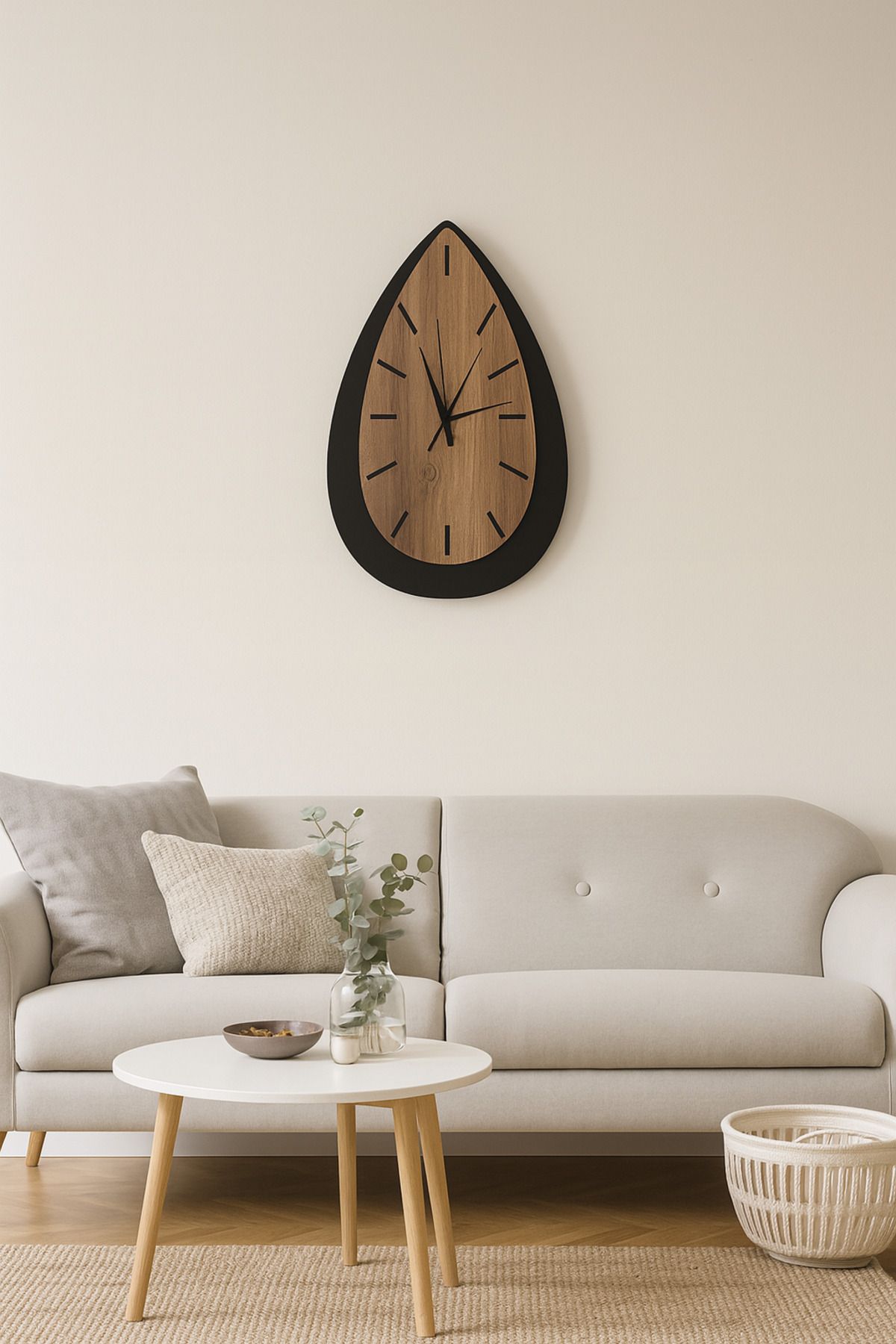 Buwoods Dekoratif Damla Tasarımlı Duvar Saati – Ahşap & Siyah Modern 45 cm