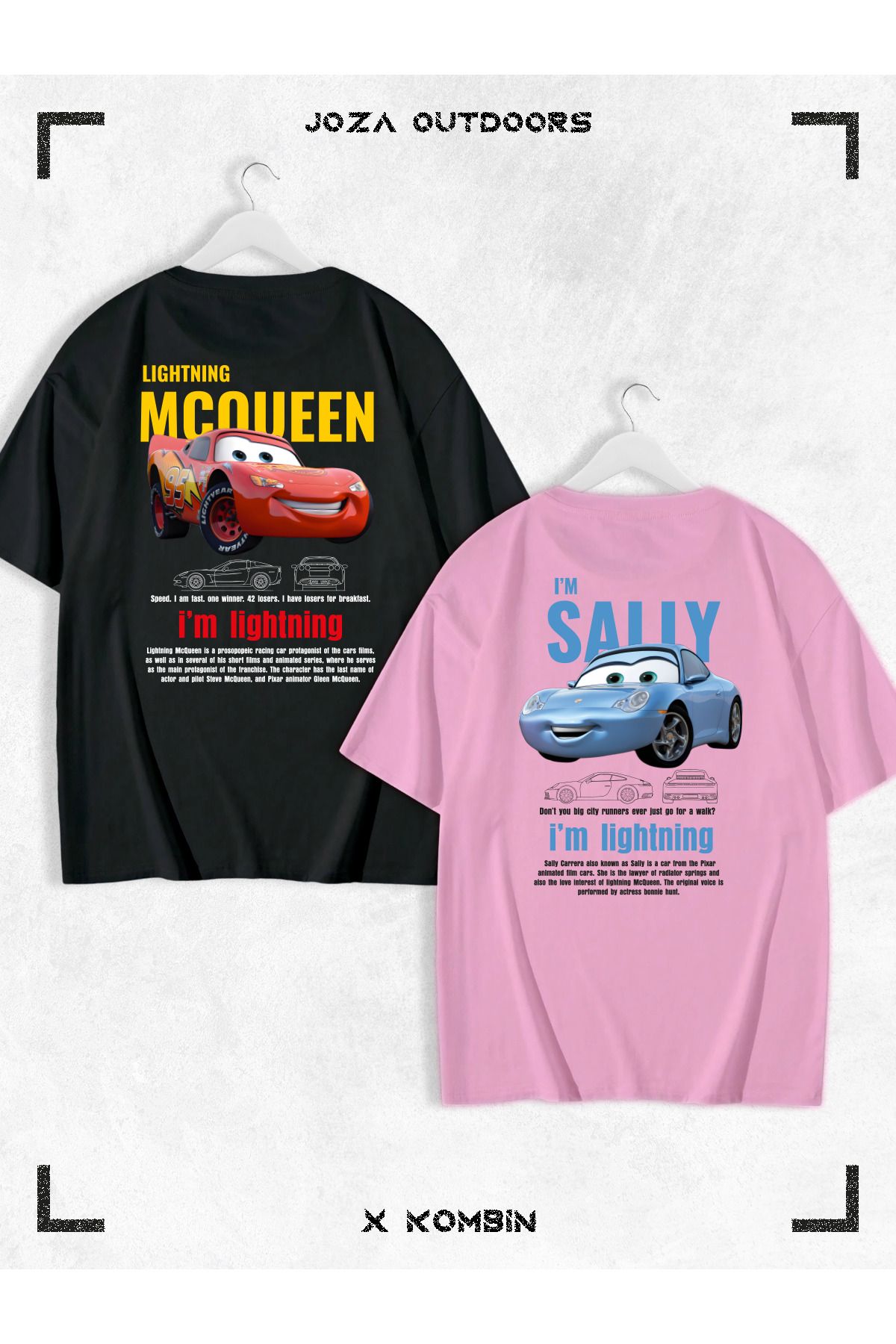 Jobia Outdoors Kadın Erkek Unisex Sally & Mcqueen Cars SIRT Sevgili Çift Kombini Oversize Renkli Tshirt 2'li Takım