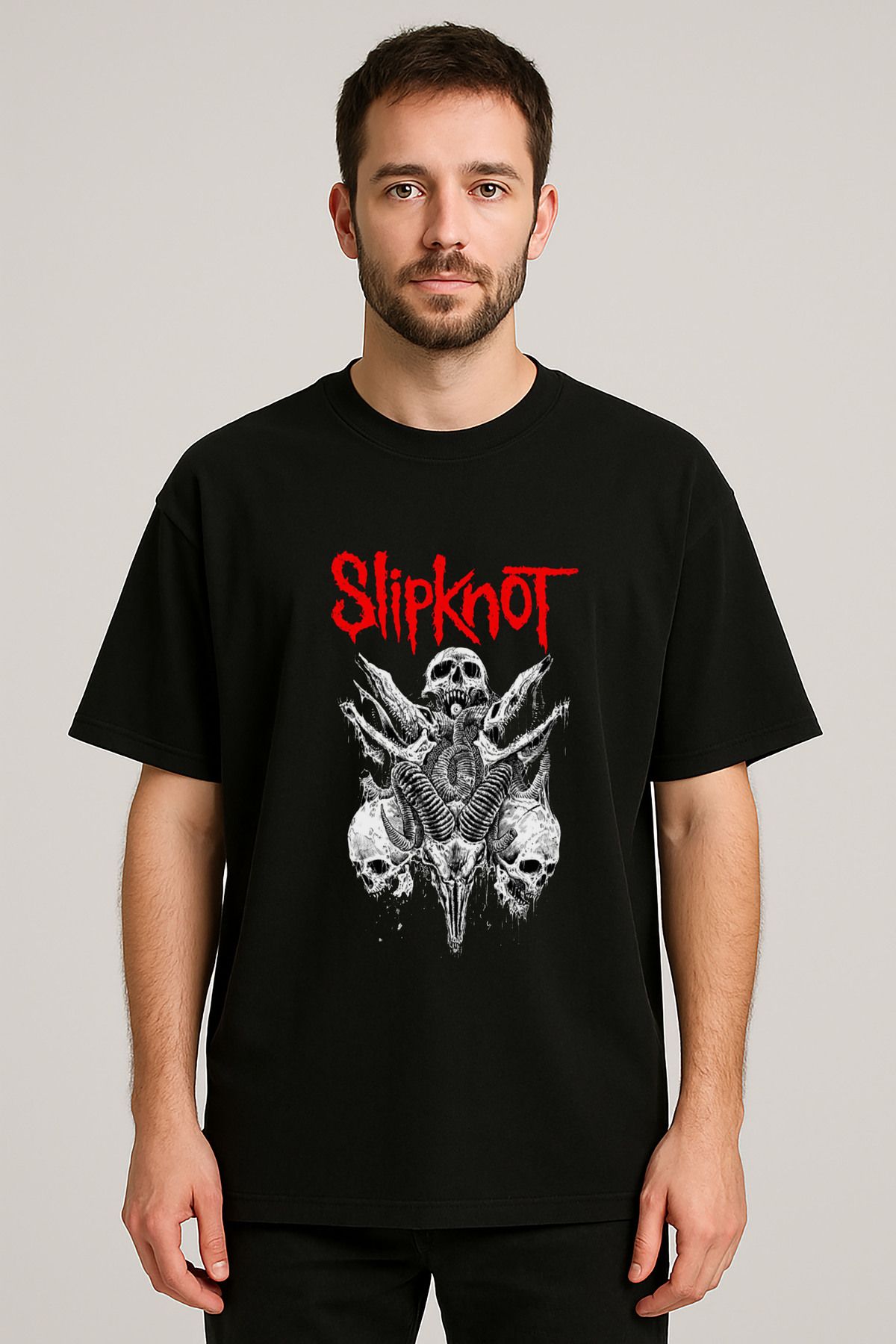 sielta Slipknot Müzik Grubu Baskılı Bisiklet Yaka Oversize Siyah Tişört T-shirt