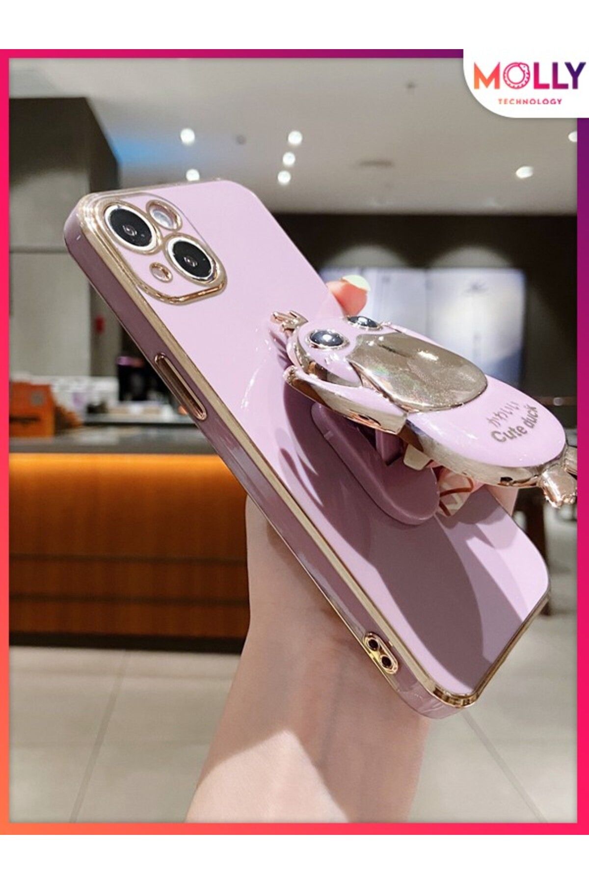 Molly Samsung Galaxy S20 PLUS İçin Rose Sevimli Ördek Standlı Kenarları Gold Detaylı Lüks Silikon Kılıf
