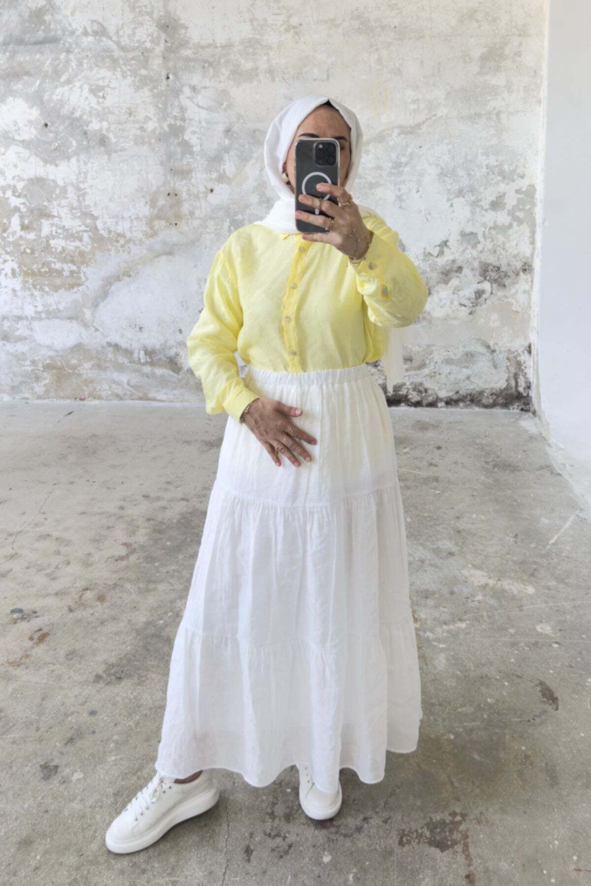 Hatun Atila Rahat Kesim Beli Lastikli Kat Kat Uzun Etek 5213 - Beyaz