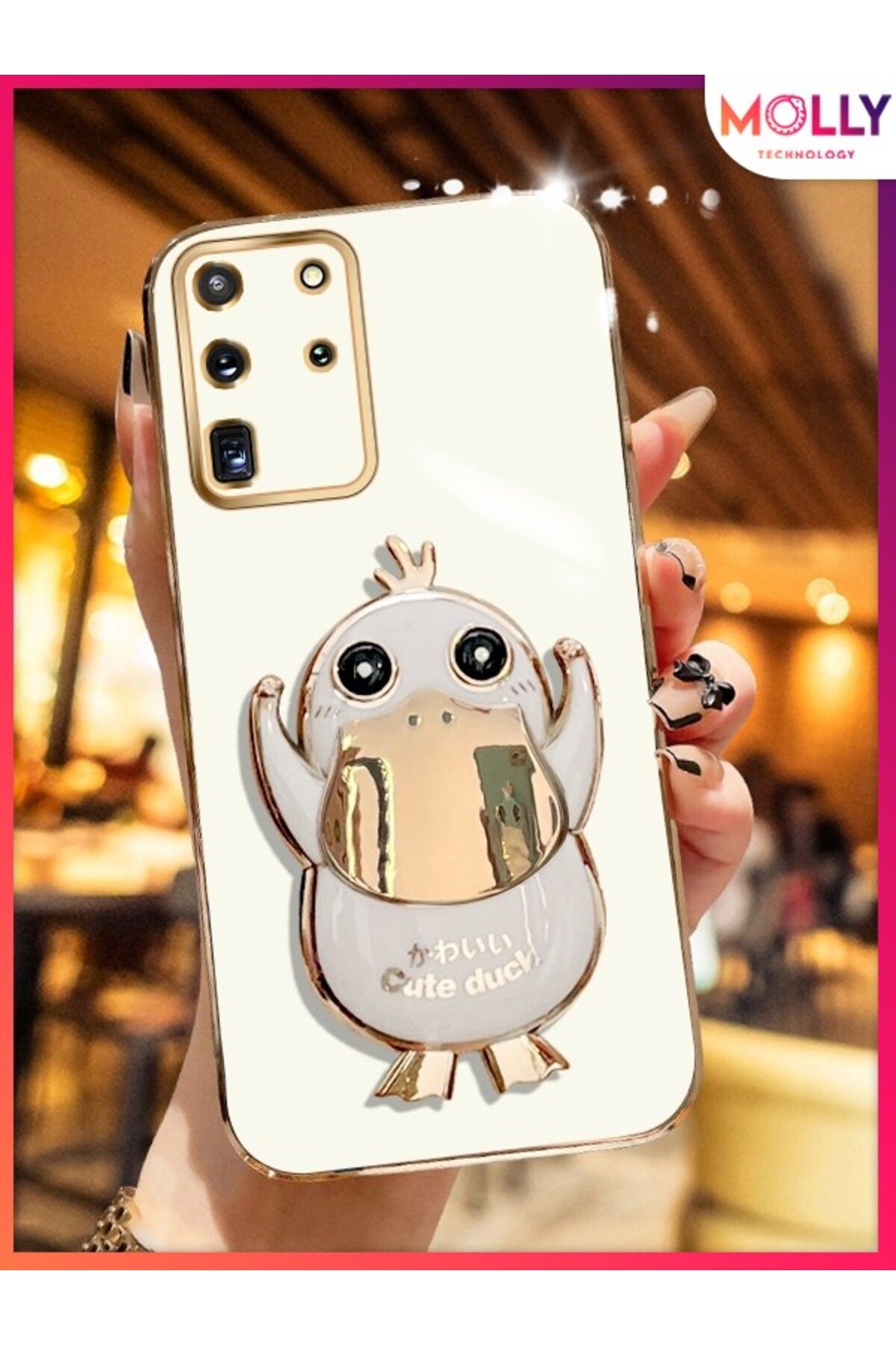 Molly Samsung Galaxy S20 ULTRA İçin İnci Beyazı Sevimli Ördek Standlı Gold Detaylı Lüks Silikon Kılıf