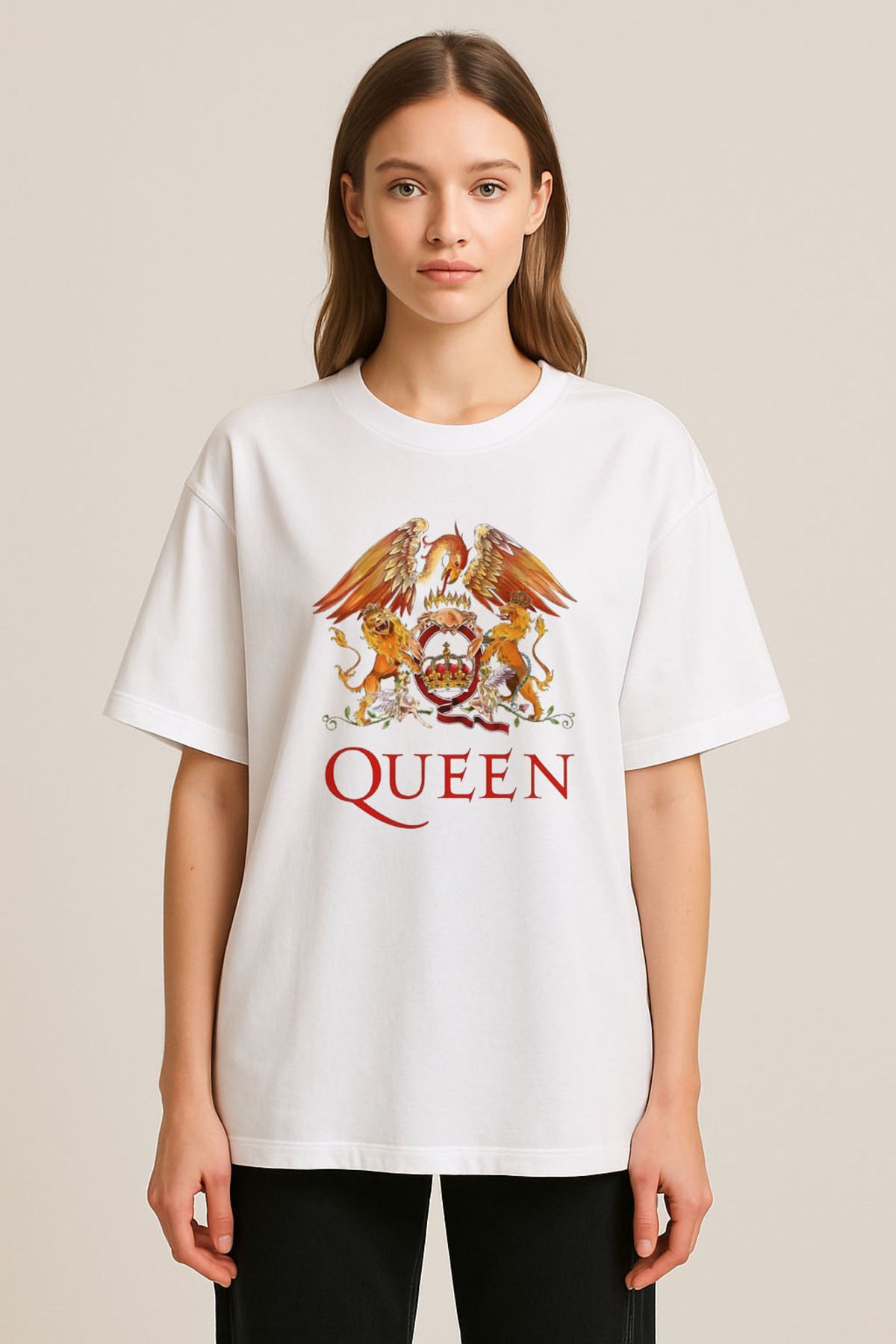 sielta Qeen Metal Müzik Grubu Baskılı Bisiklet Yaka Oversize Beyaz Tişört T-shirt