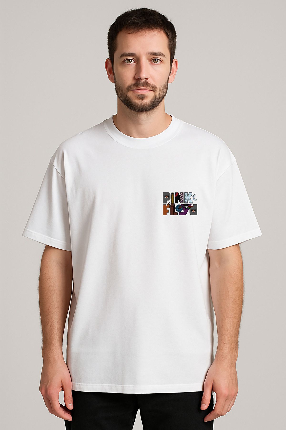 sielta Pink Floyd Müzik Grubu Baskılı Bisiklet Yaka Oversize Beyaz Tişört T-shirt