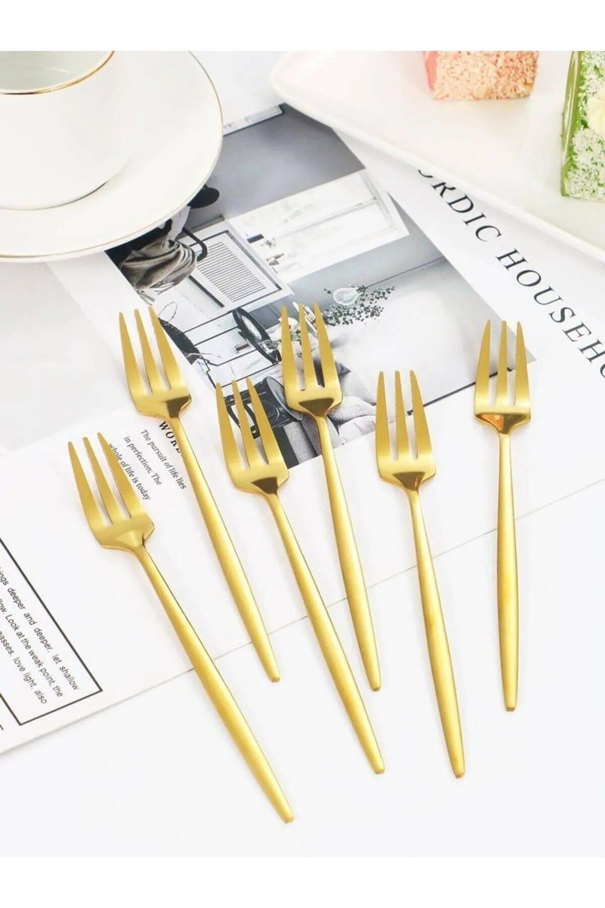 DEPPOSITE 6 Adet Mini Boy Lüx Gold Fondü Çatalı Paslanmaz Çelik 14 Cm Tatlı Çatalı