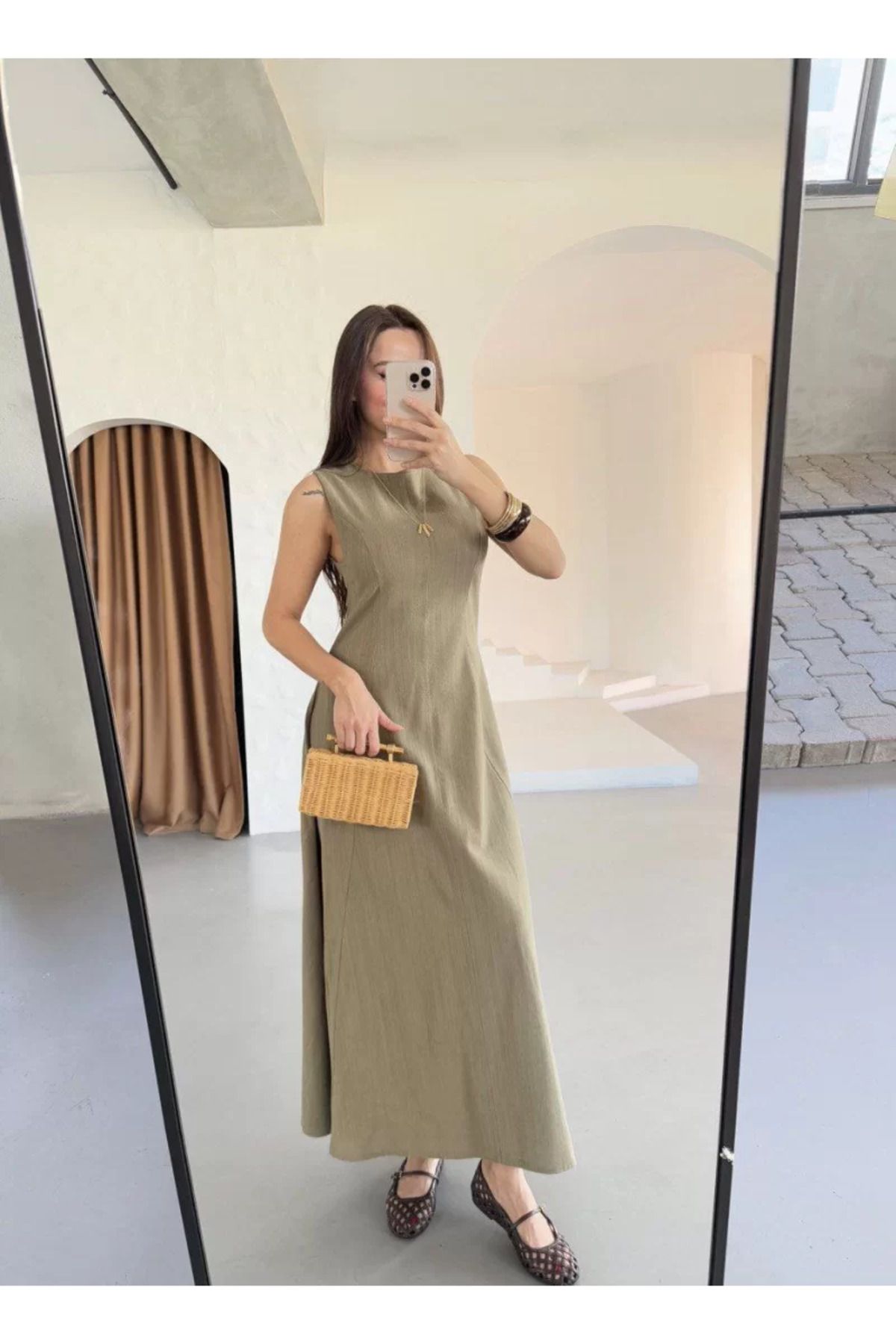 ruum fashions Keten Kolsuz Uzun Sırtı Kapalı Bisiklet Yaka Elbise