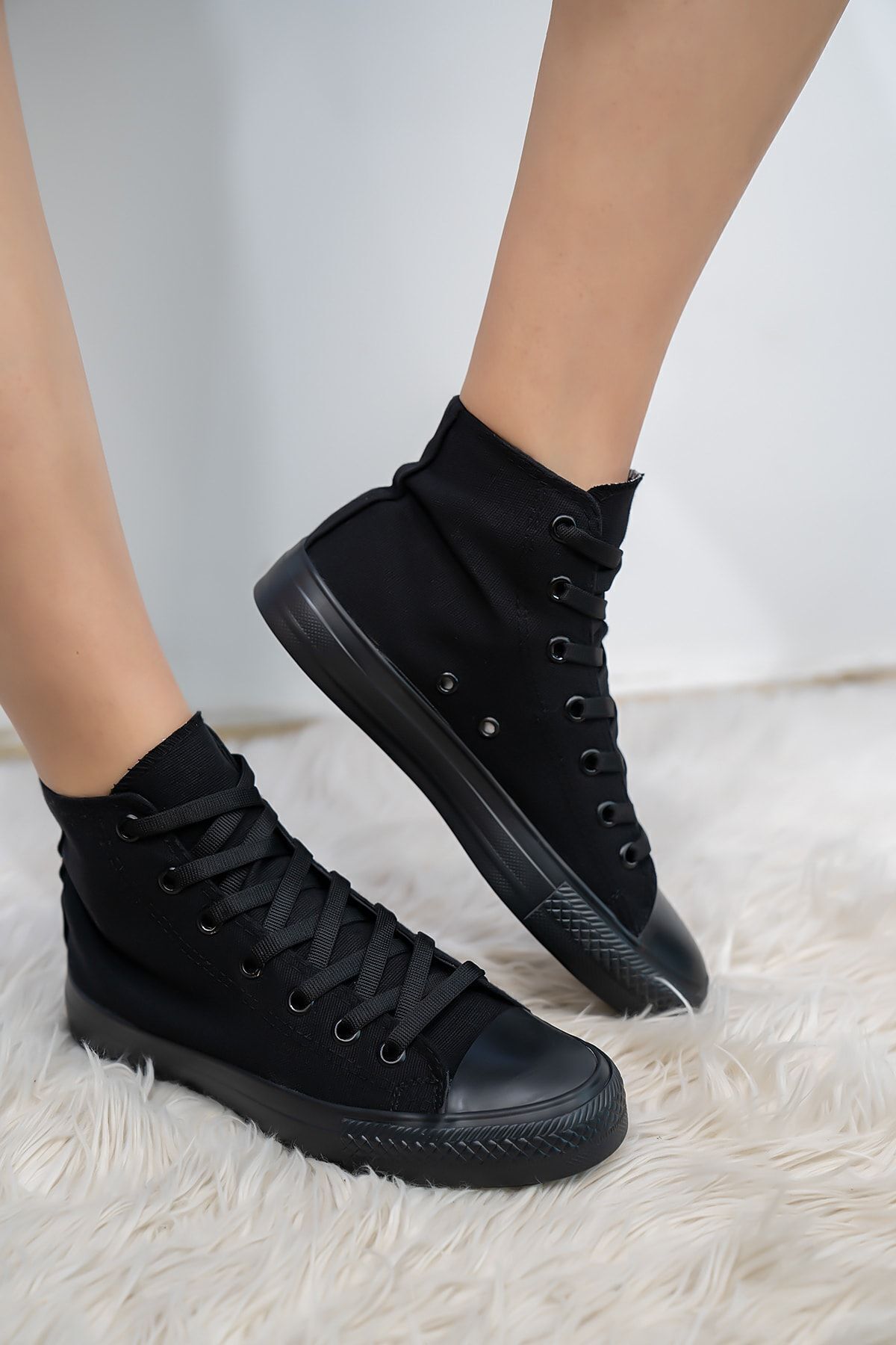ADR Unisex Dark Siyah Kömür Boğazlı Model Keten Sneaker