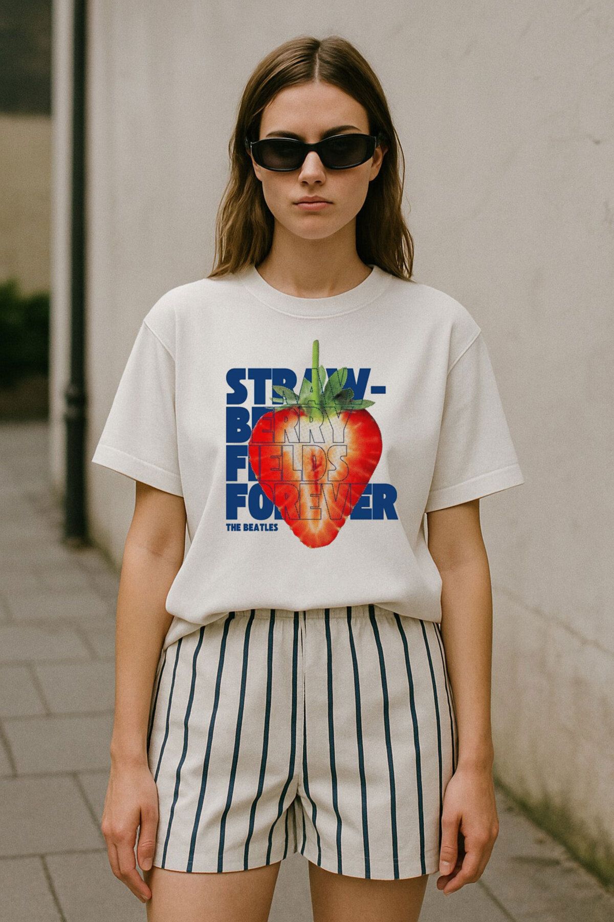 onsrawear Strawberry Çilek Tasarım Baskılı Oversize %100 Pamuk Beyaz T-shirt
