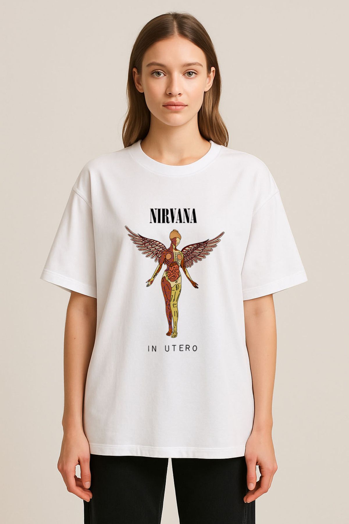 sielta Nirvana In Utero Albüm Kapağı Baskılı Bisiklet Yaka Oversize Beyaz Tişört T-shirt
