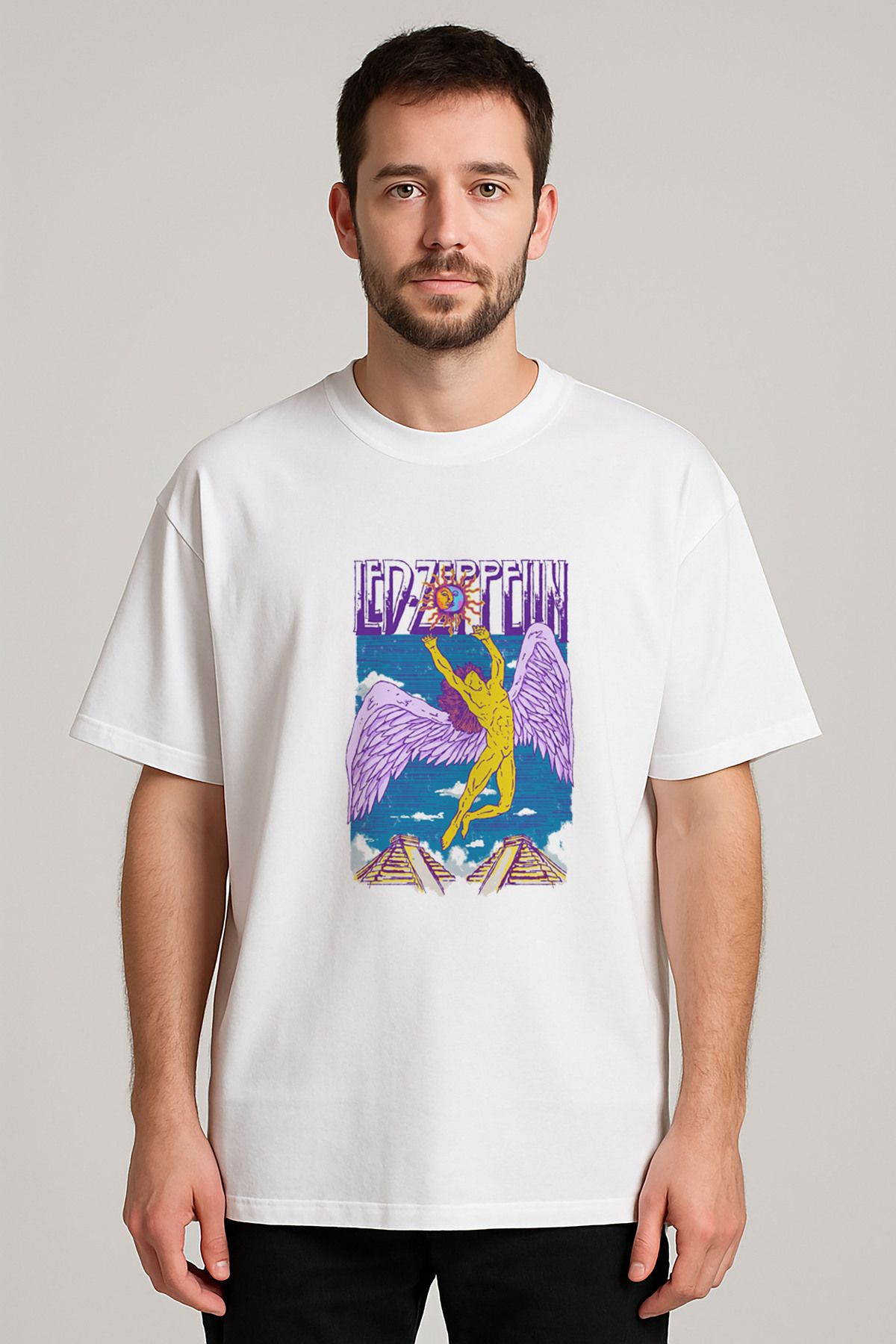 sielta Led Zeppelin Müzik Grubu Baskılı Bisiklet Yaka Oversize Beyaz Tişört T-shirt