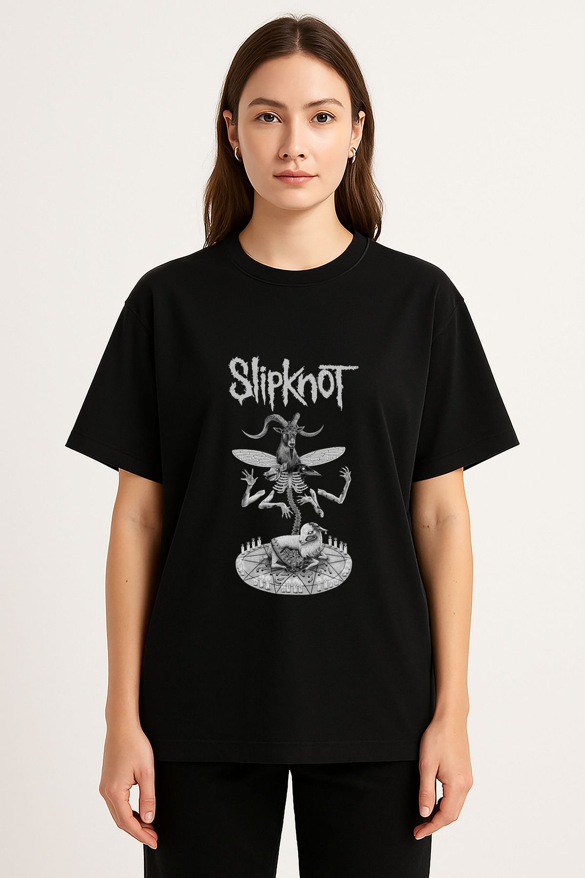 sielta Slipknot Müzik Grubu Baskılı Bisiklet Yaka Oversize Siyah Tişört T-shirt