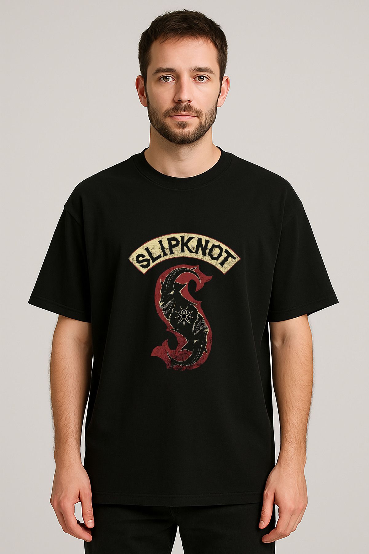 sielta Slipknot Müzik Grubu Baskılı Bisiklet Yaka Oversize Siyah Tişört T-shirt