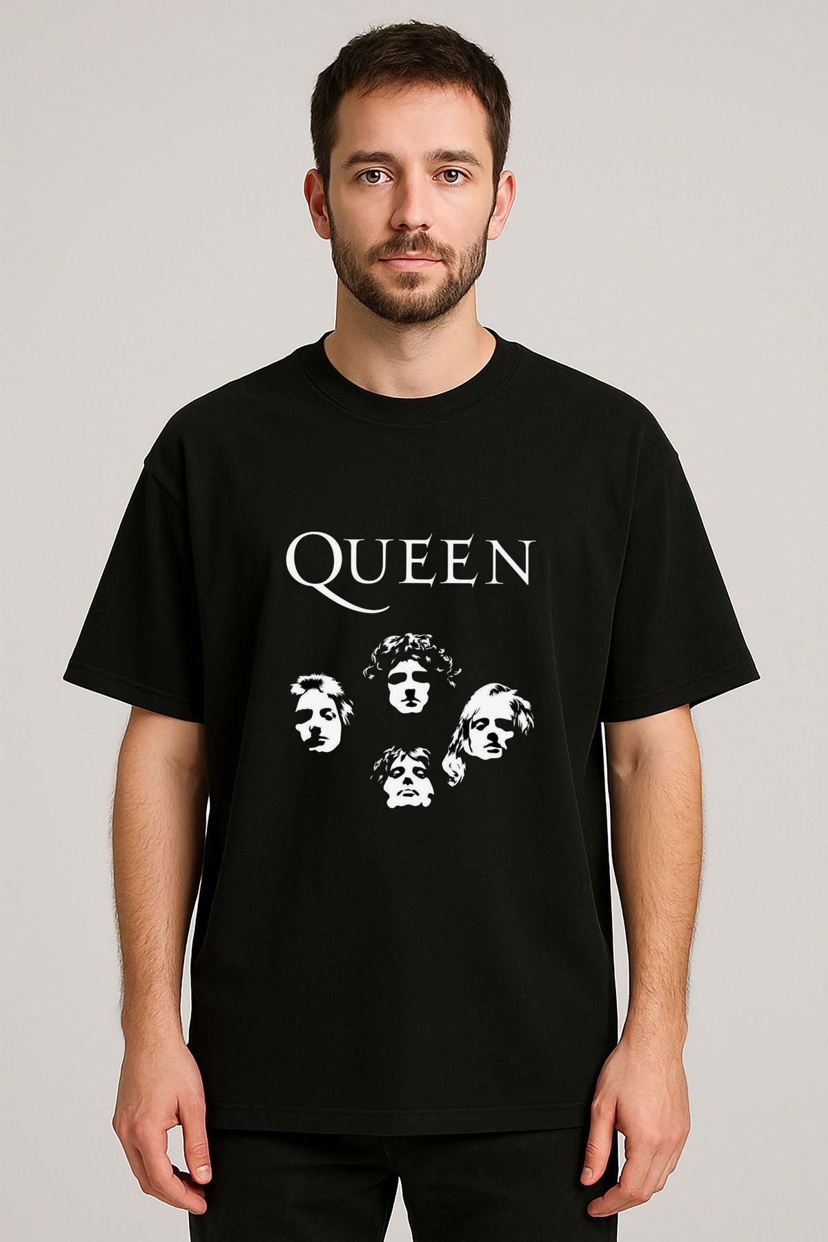 sielta Qeen Metal Müzik Grubu Baskılı Bisiklet Yaka Oversize Siyah Tişört T-shirt