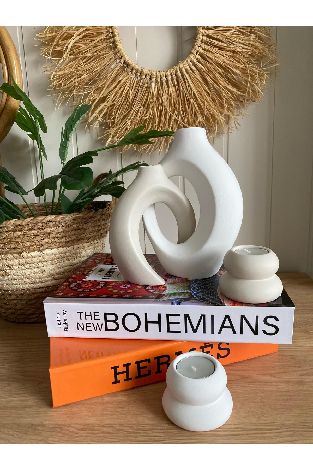 Porselian Sarmaşık Sevgili Bohem Vazo ve Mumluk Set 4lü