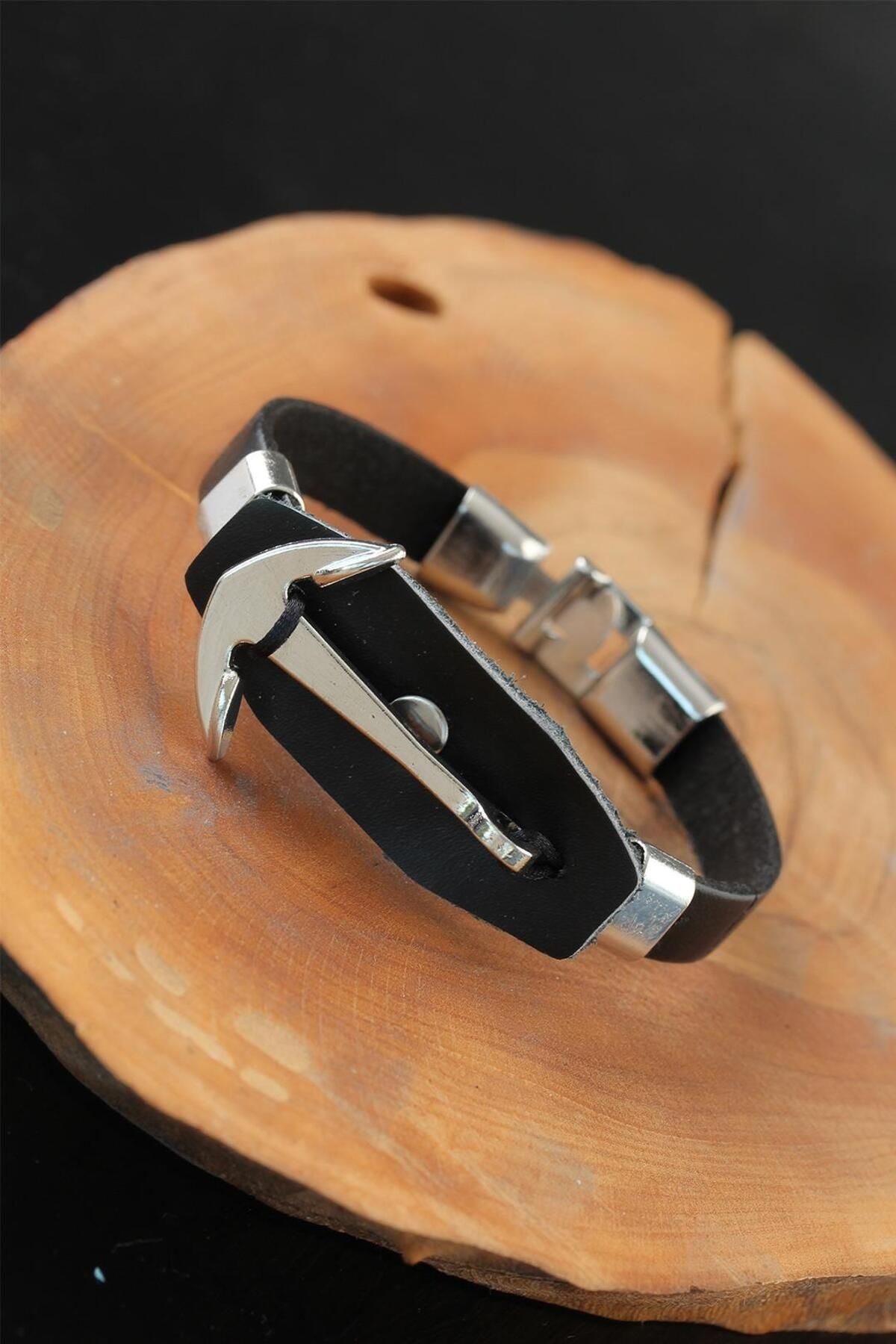 MR RZN STORE Deniz Çapalı Metal Aksesuarlı Siyah Renk Deri Erkek Bileklik