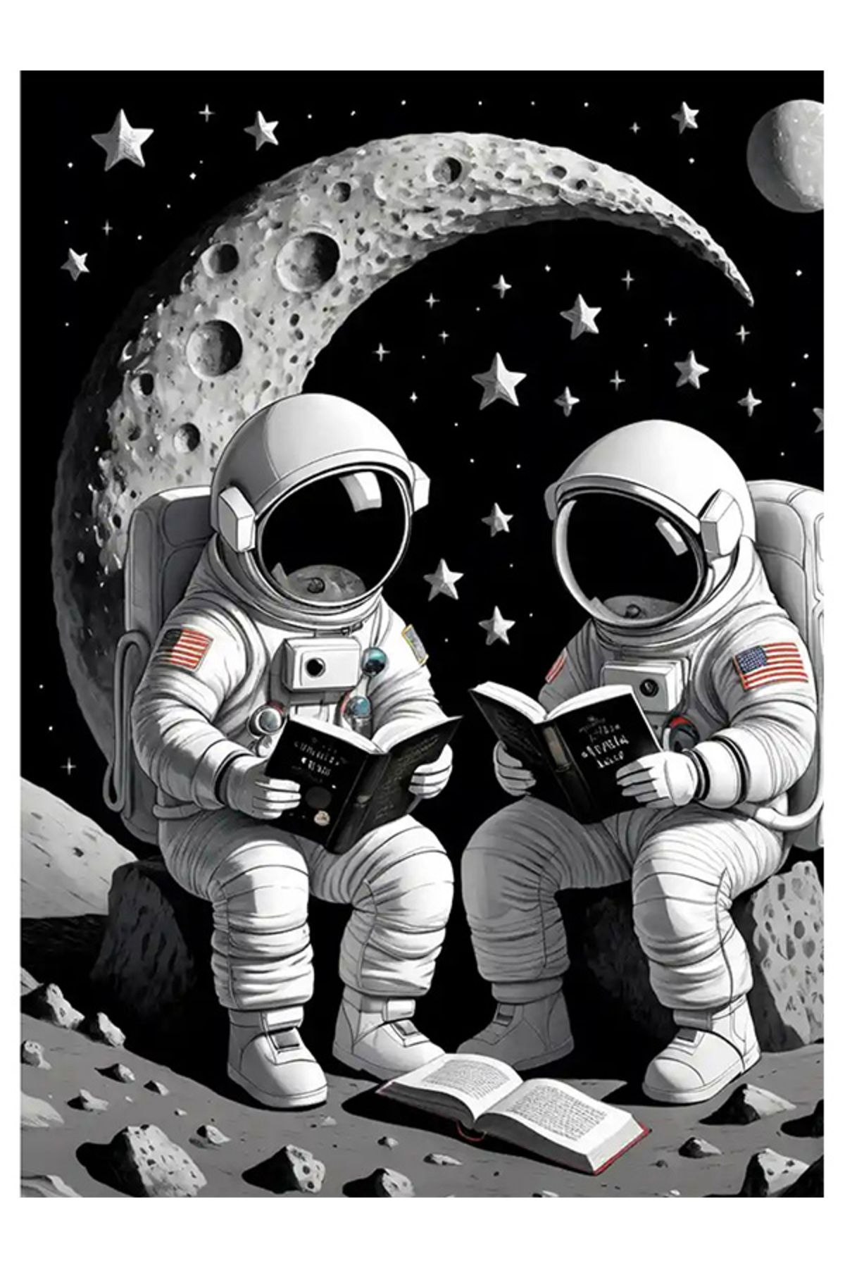 Bedeko Kitap Okuyan Astronotlar Ahşap Tablo