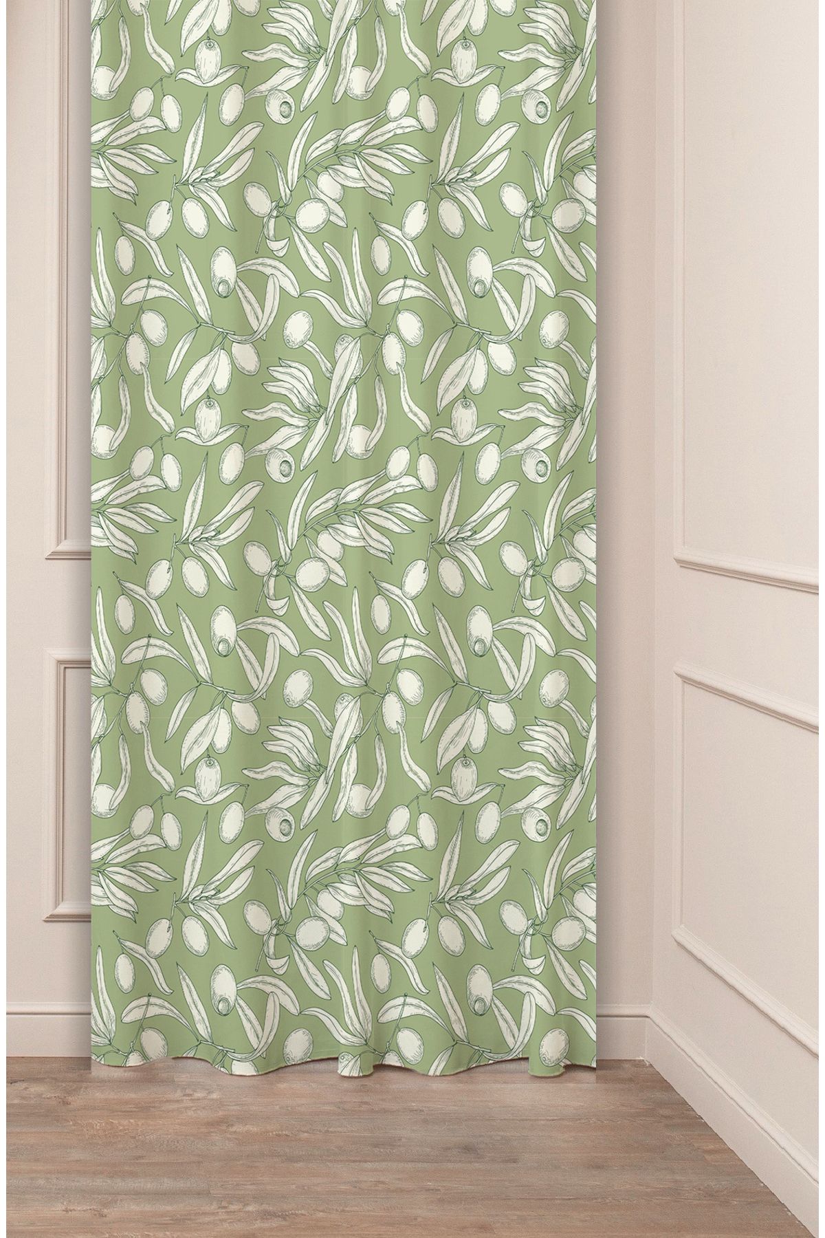 GREENDECOR Zeytin Olive Yaprak Yeşil Bereket Bohem Desenli Özel Tasarım Dijital Baskılı (Tek Kanat) Fon Perde