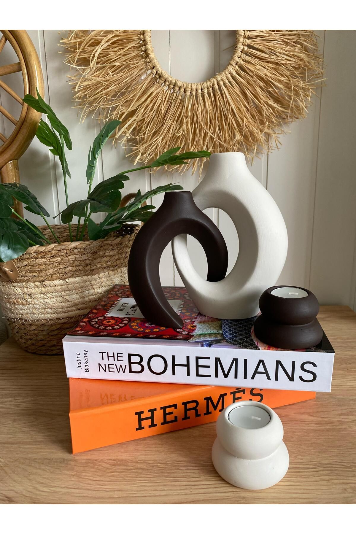 Porselian Sarmaşık Sevgili Bohem Vazo ve Mumluk Set 4lü Set